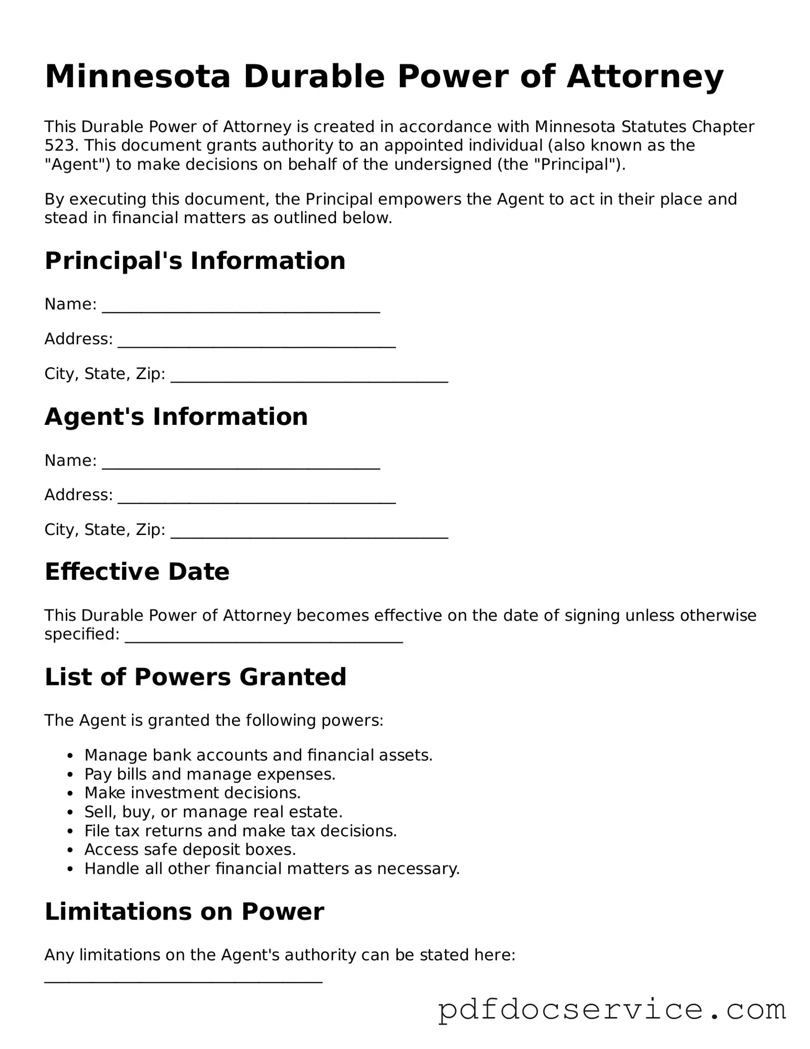 Printable  Durable Power of Attorney Template for Minnesota