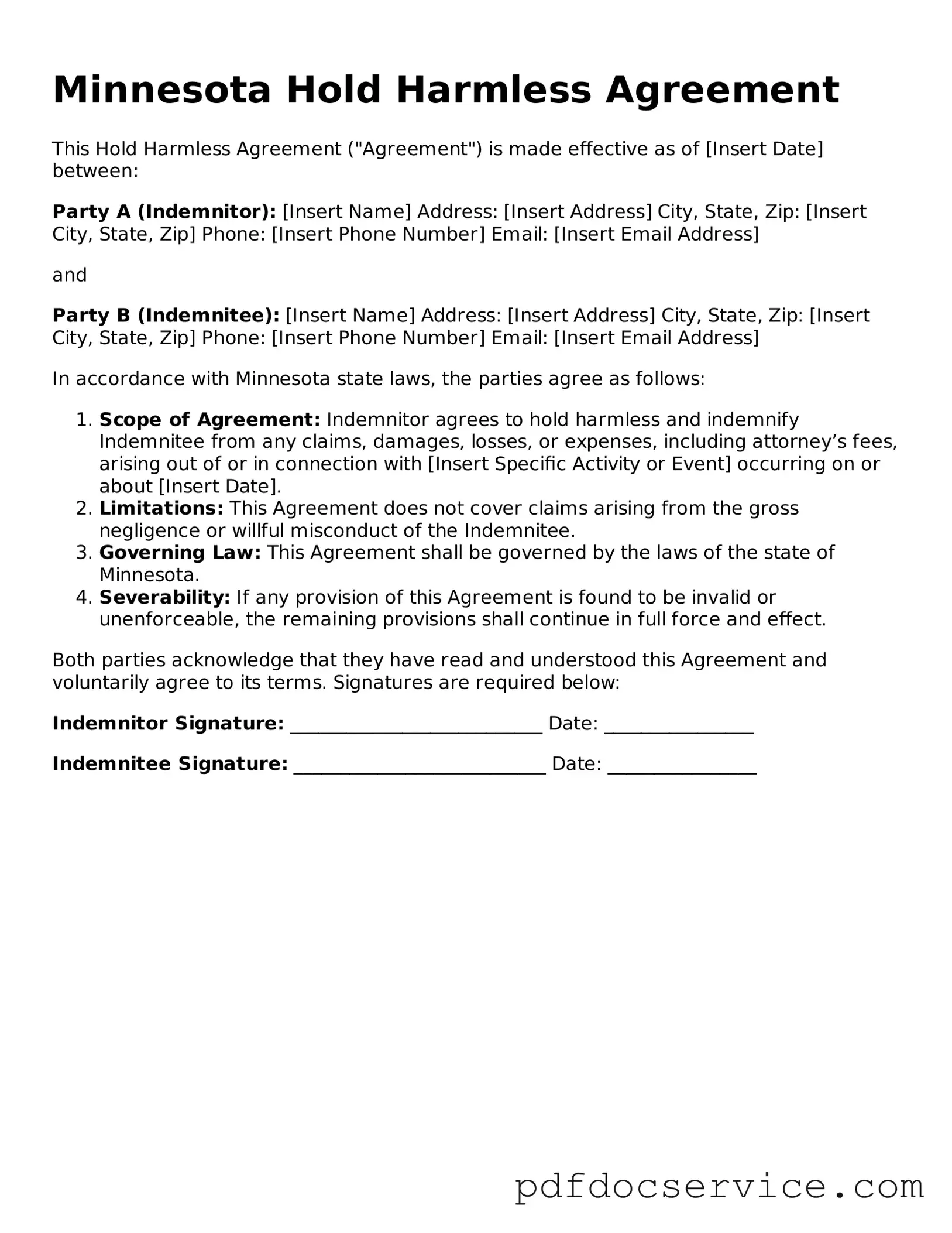 Printable  Hold Harmless Agreement Template for Minnesota