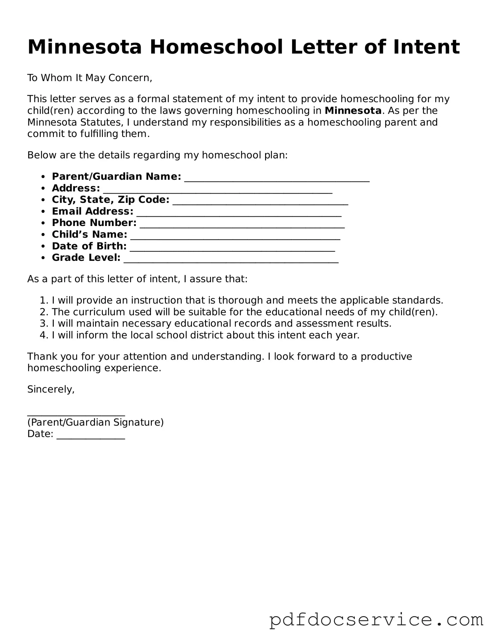Printable  Homeschool Letter of Intent Template for Minnesota