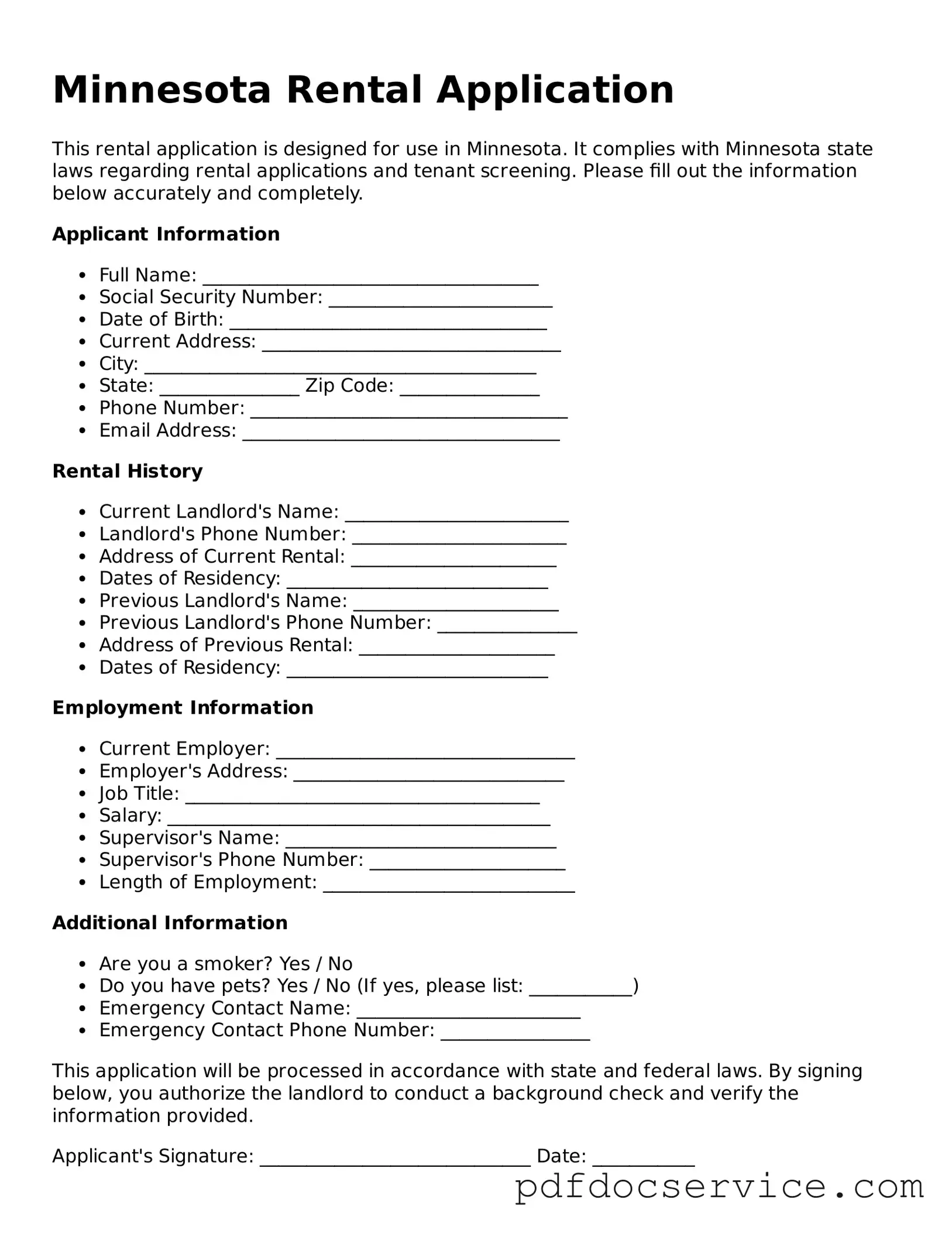 Printable  Rental Application Template for Minnesota