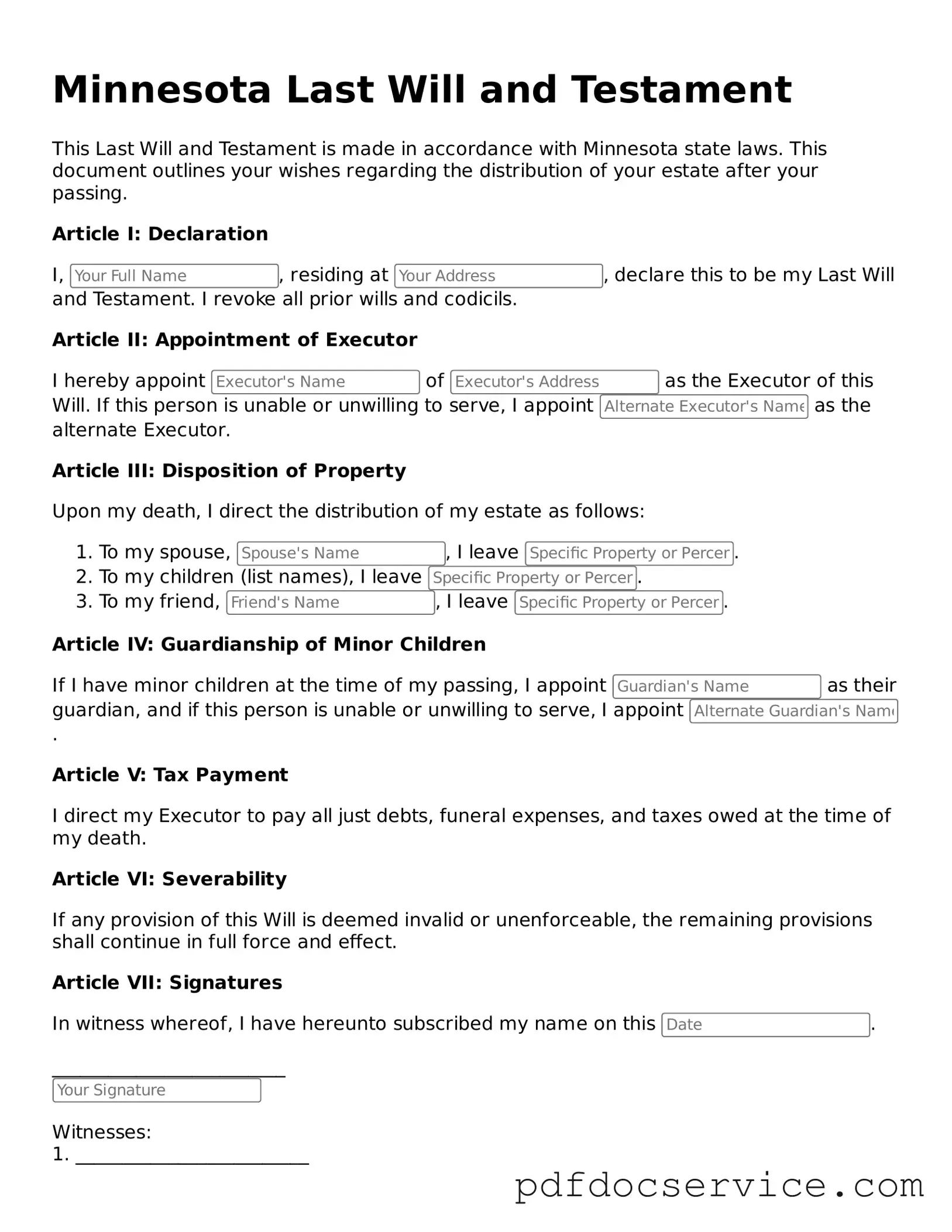 Printable  Last Will and Testament Template for Minnesota