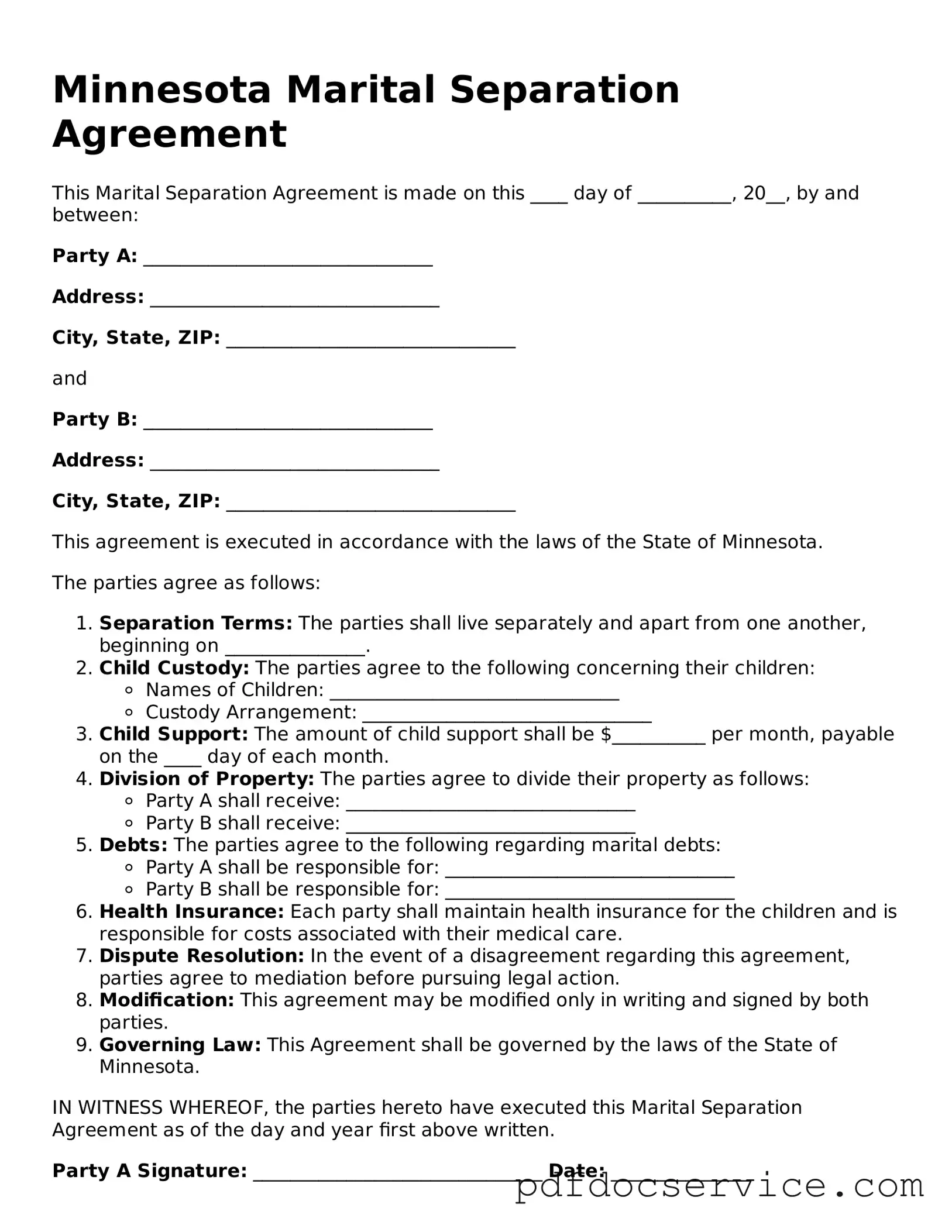 Printable  Marital Separation Agreement Template for Minnesota