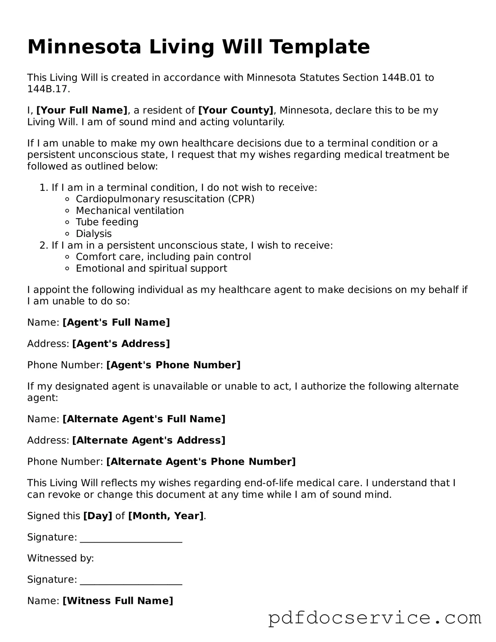 Printable  Living Will Template for Minnesota