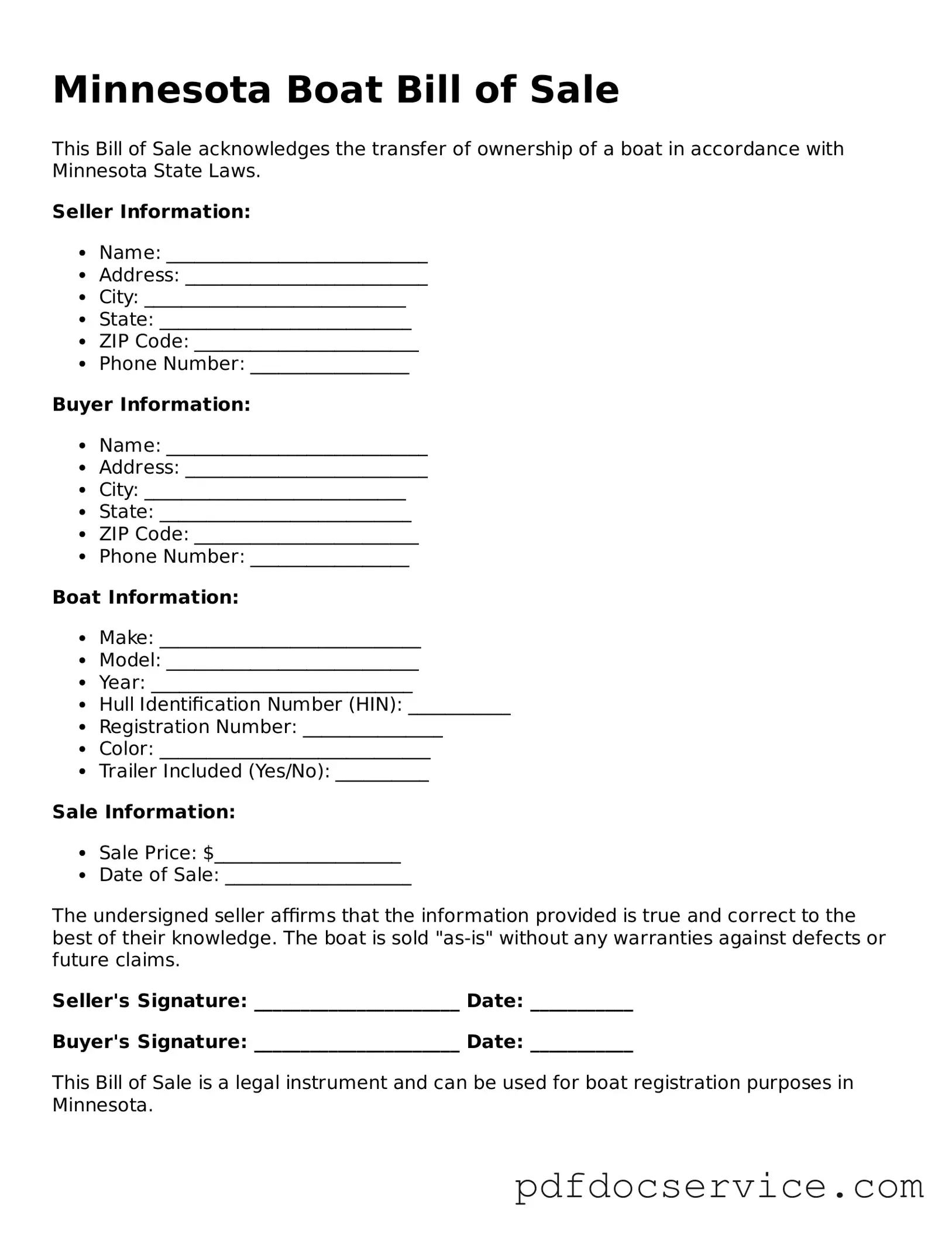 Printable  Boat Bill of Sale Template for Minnesota