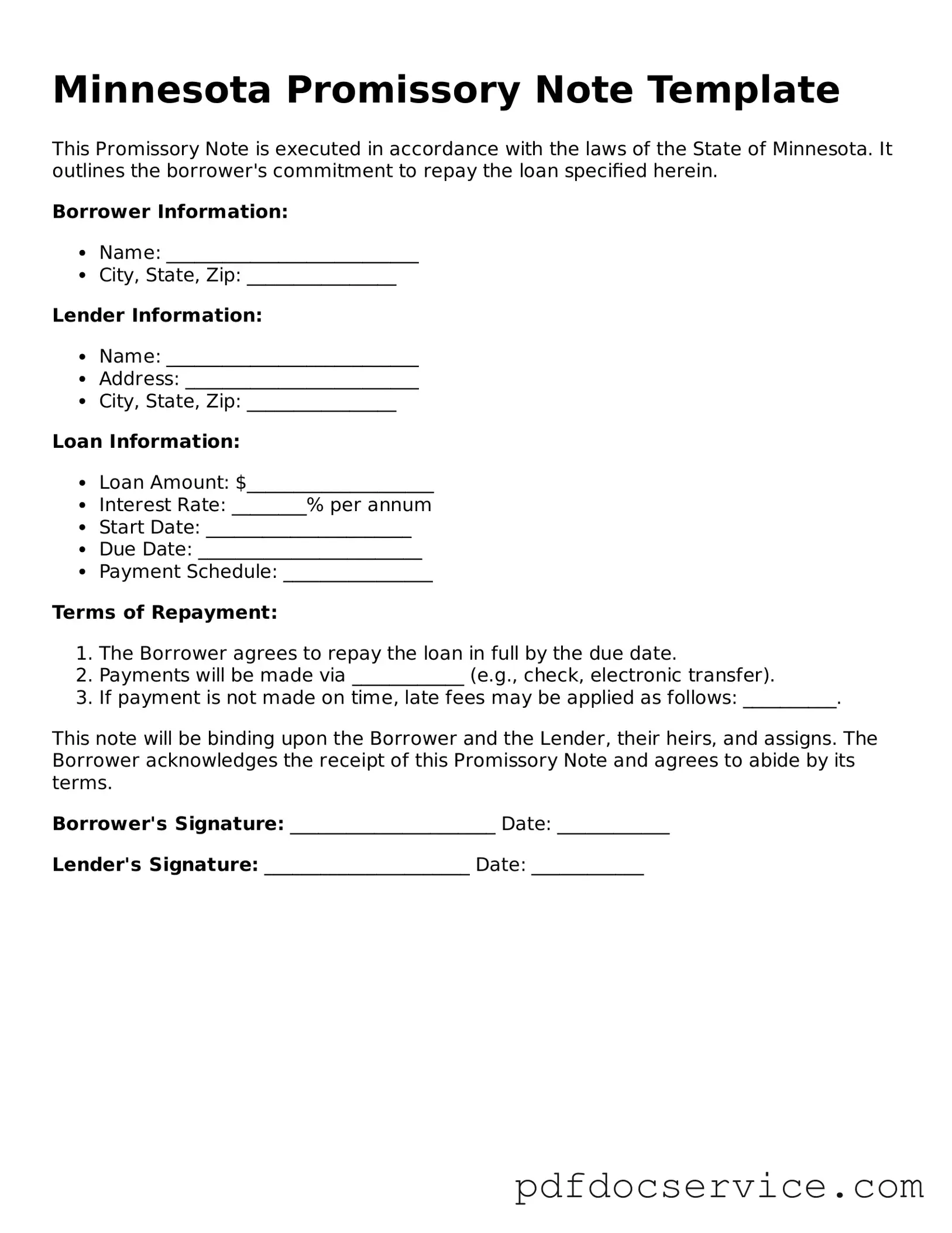 Printable  Promissory Note Template for Minnesota