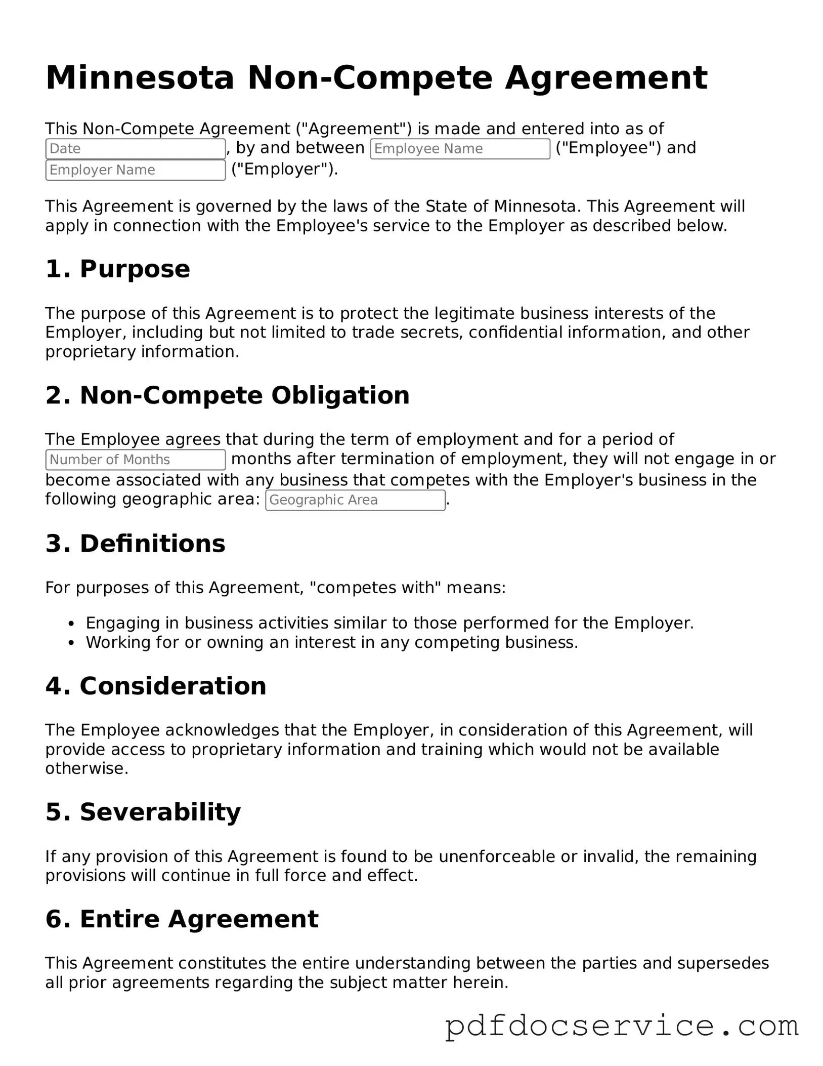 Printable  Non-compete Agreement Template for Minnesota