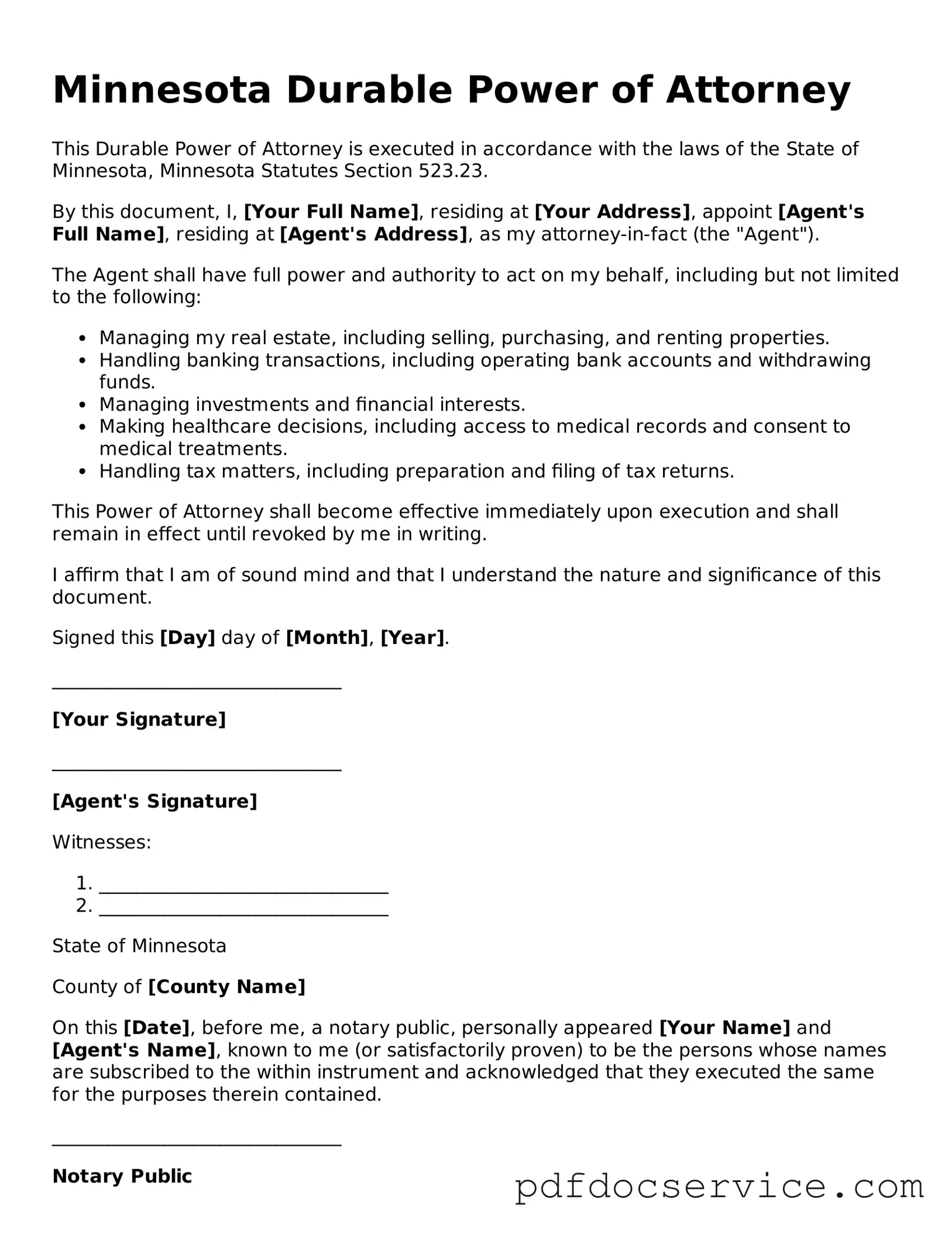 Printable  Power of Attorney Template for Minnesota
