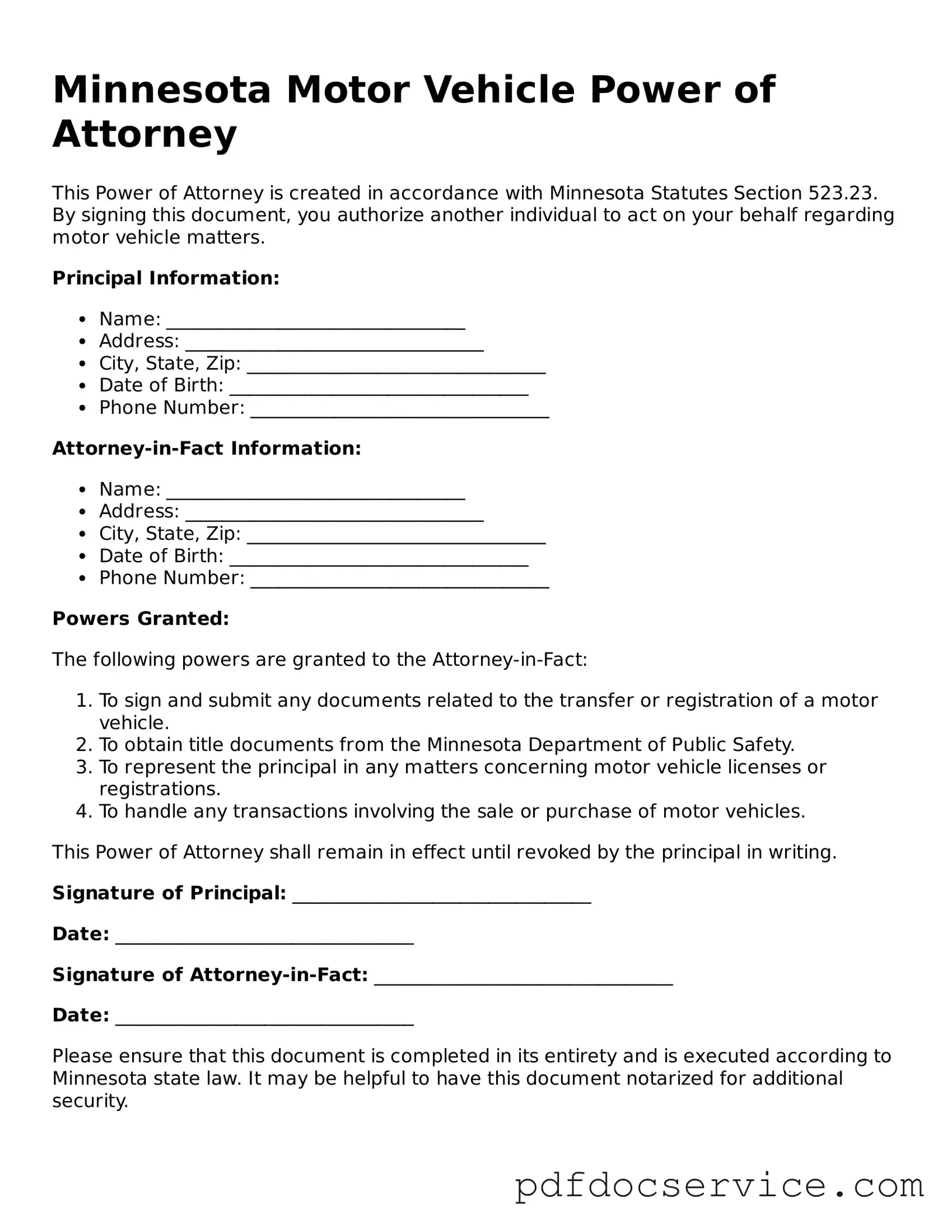 Printable  Motor Vehicle Power of Attorney Template for Minnesota