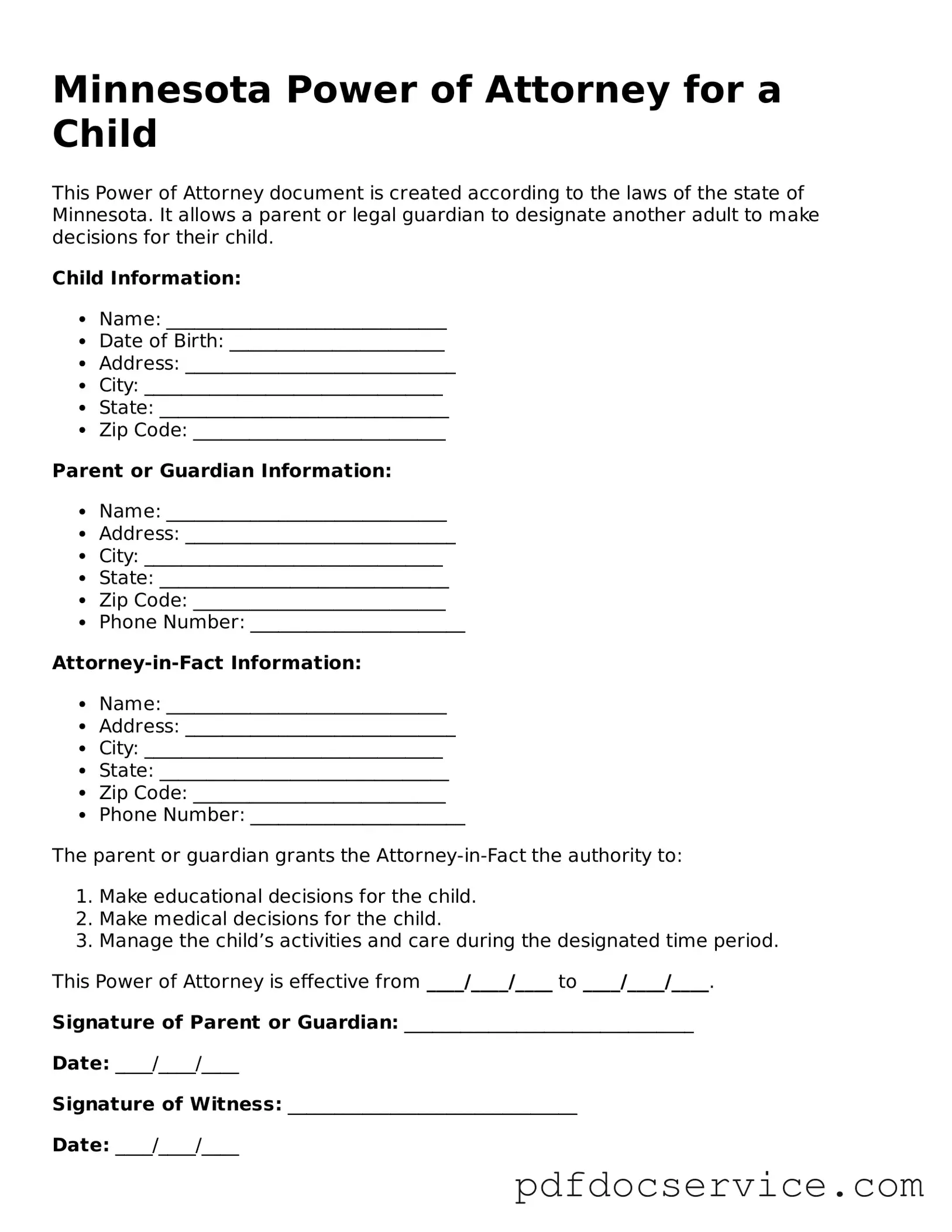 Printable  Power of Attorney for a Child Template for Minnesota