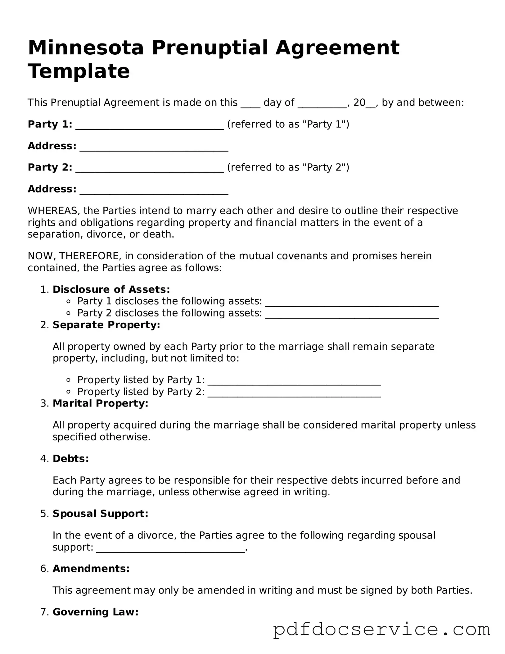 Printable  Prenuptial Agreement Template for Minnesota