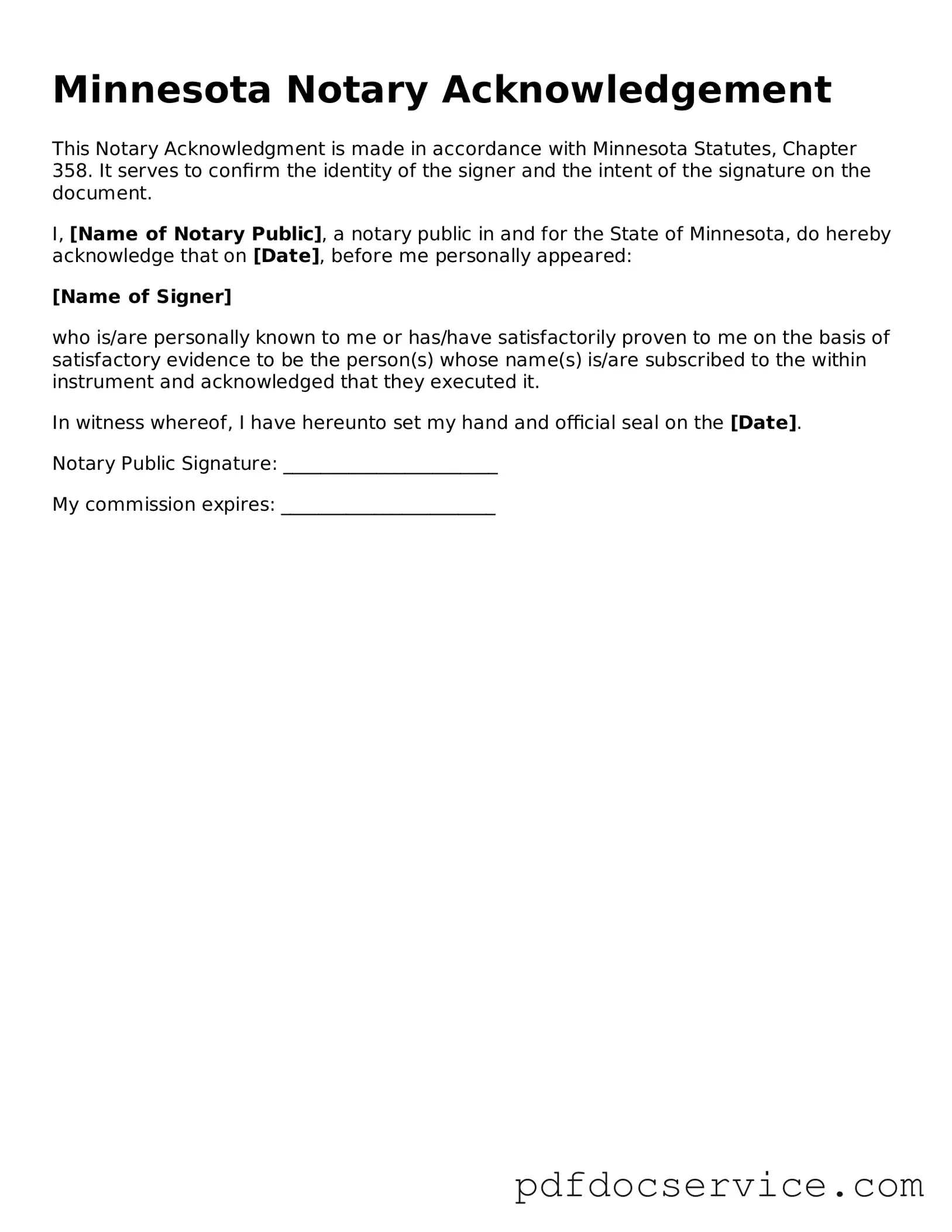 Printable  Notary Acknowledgement Template for Minnesota
