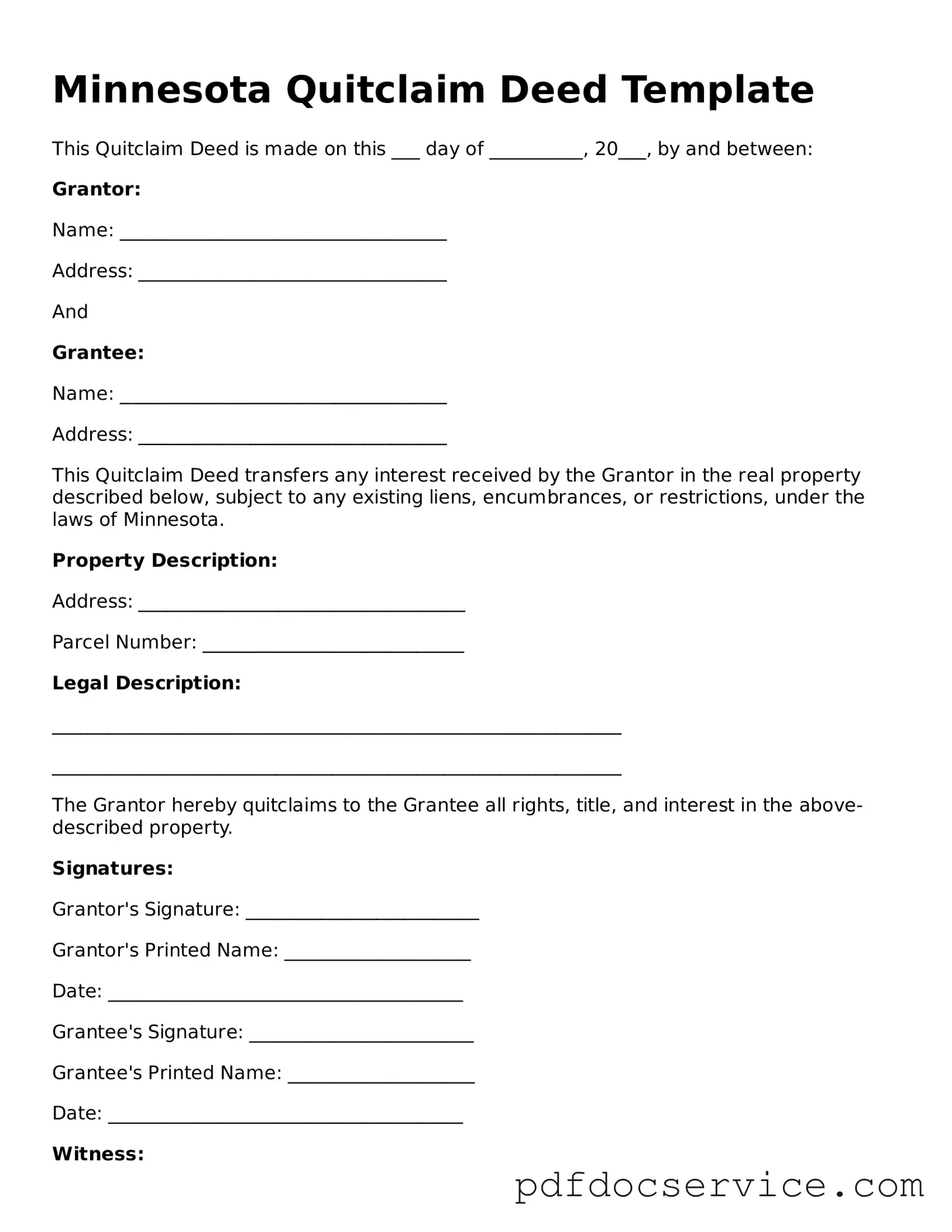 Printable  Quitclaim Deed Template for Minnesota