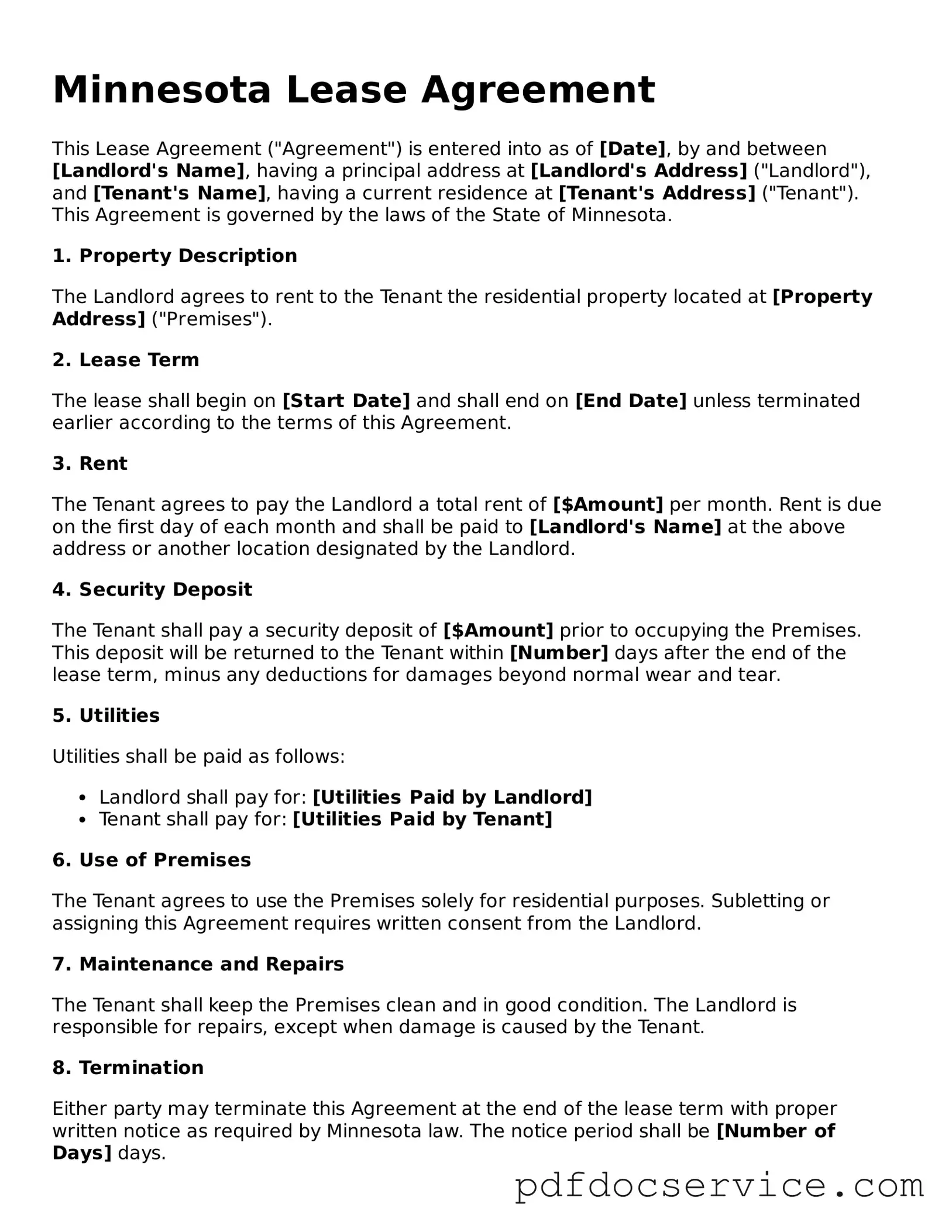 Printable  Lease Agreement Template for Minnesota