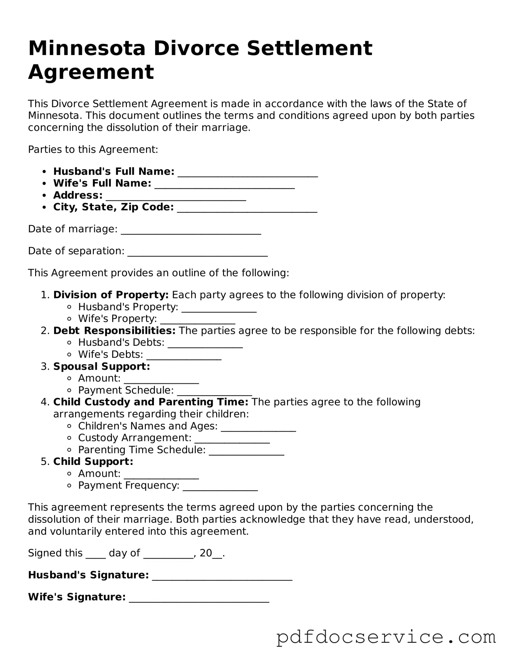 Printable  Divorce Settlement Agreement Template for Minnesota