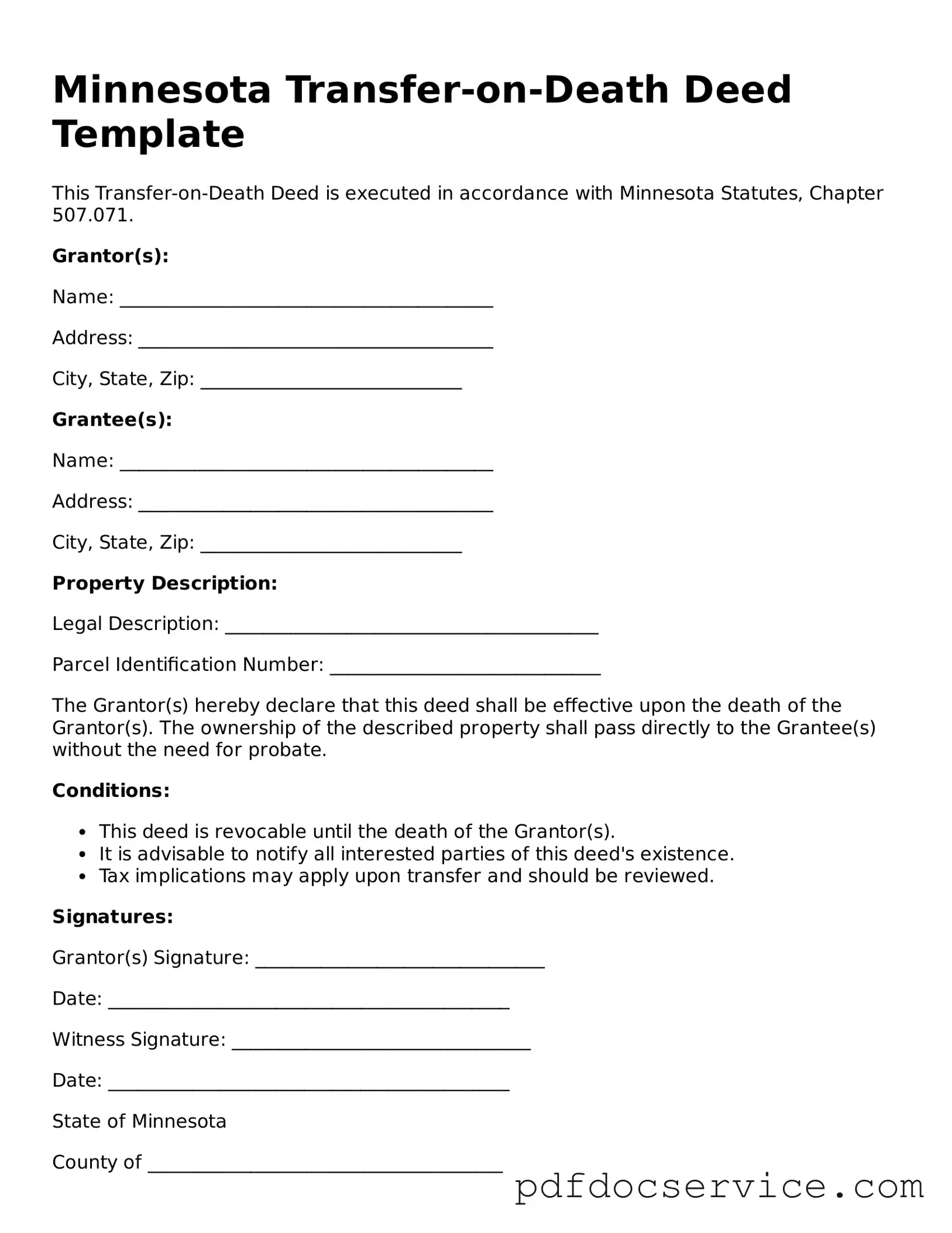 Printable  Transfer-on-Death Deed Template for Minnesota