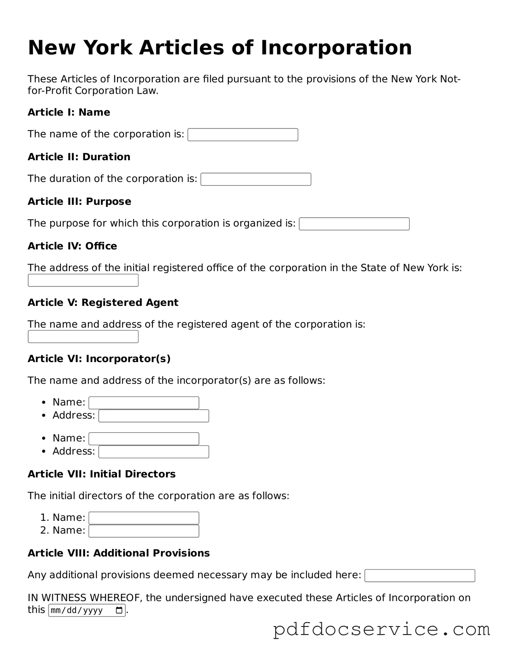 Printable  Articles of Incorporation Template for New York