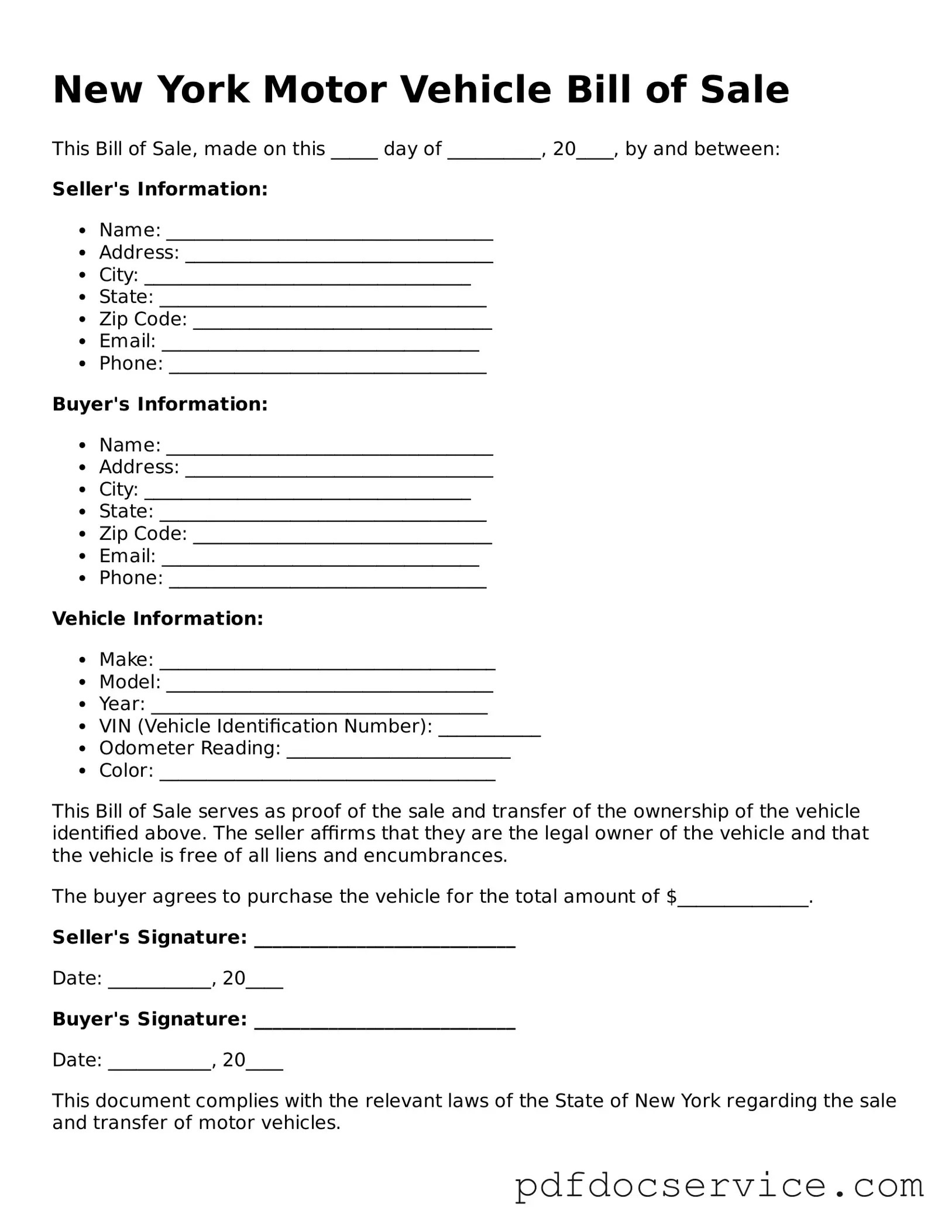 Printable  Motor Vehicle Bill of Sale Template for New York
