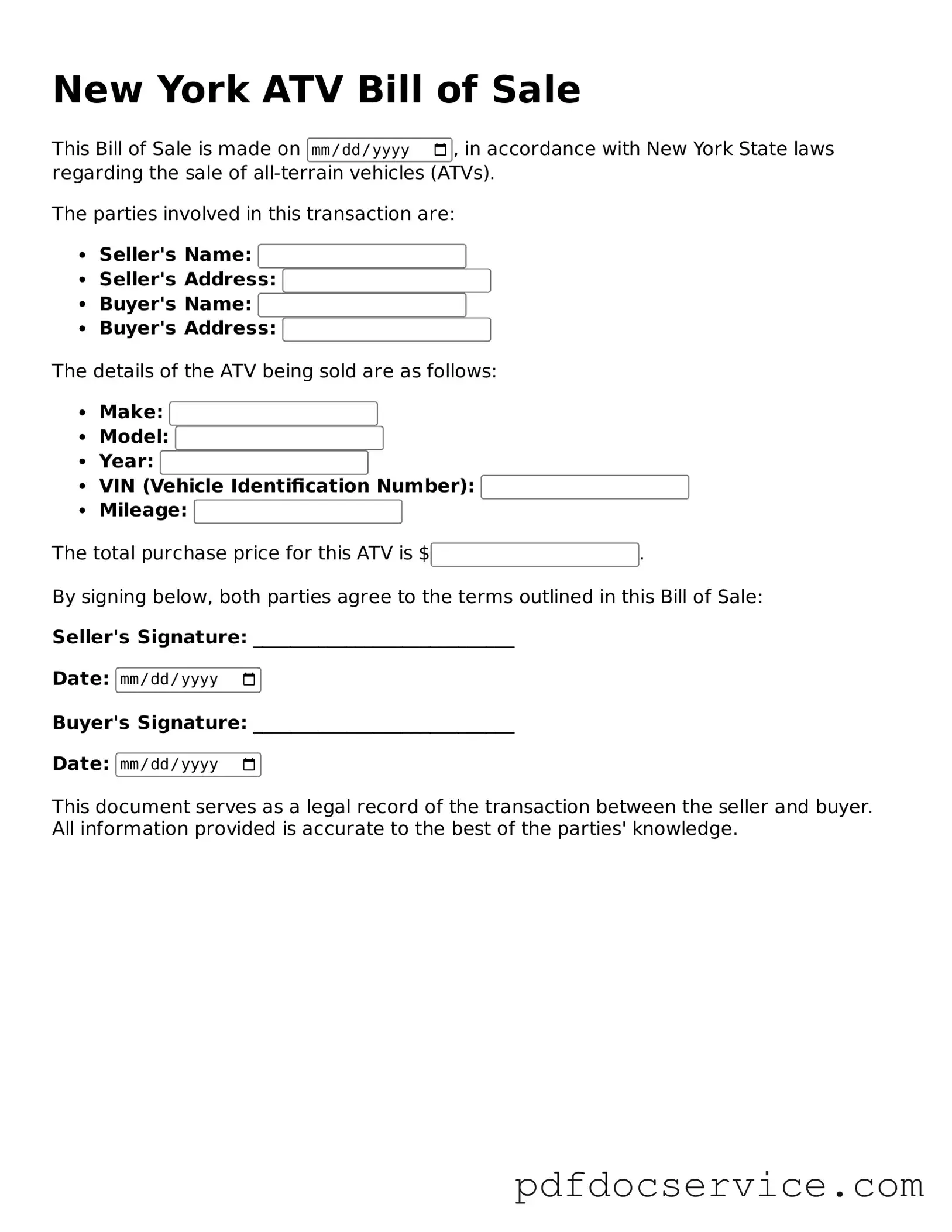 Printable  ATV Bill of Sale Template for New York