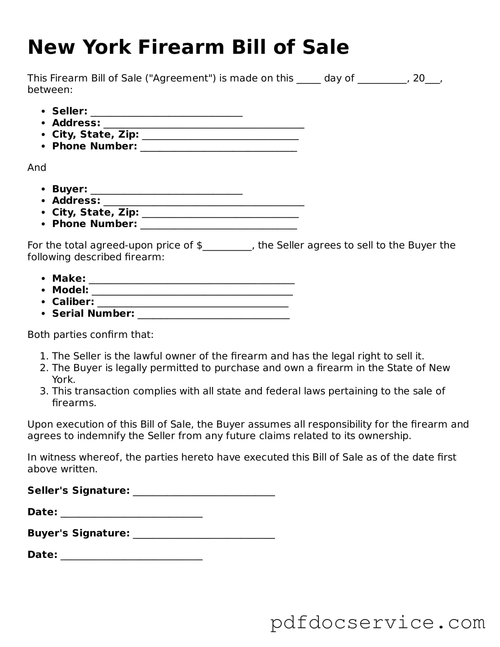 Printable  Firearm Bill of Sale Template for New York