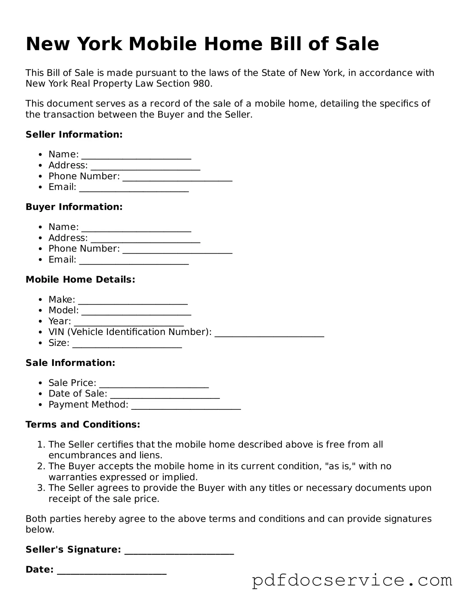 Printable  Mobile Home Bill of Sale Template for New York