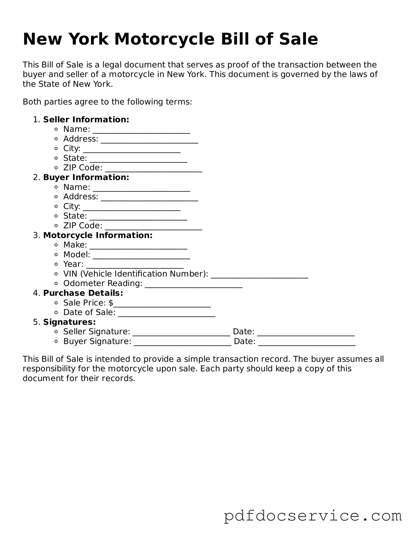 Printable  Motorcycle Bill of Sale Template for New York