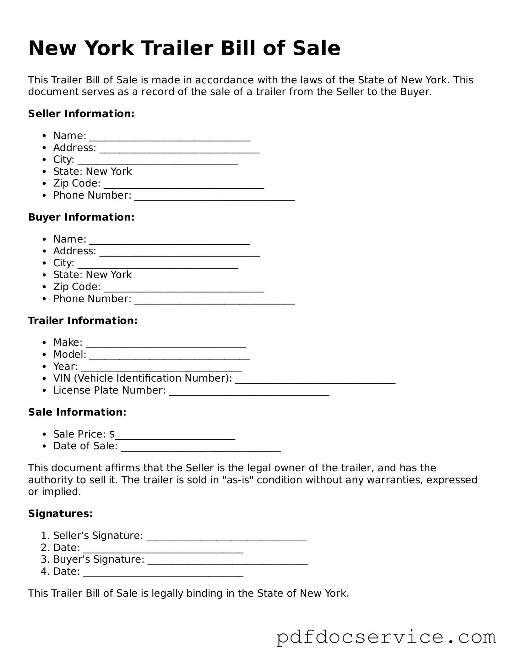 Printable  Trailer Bill of Sale Template for New York