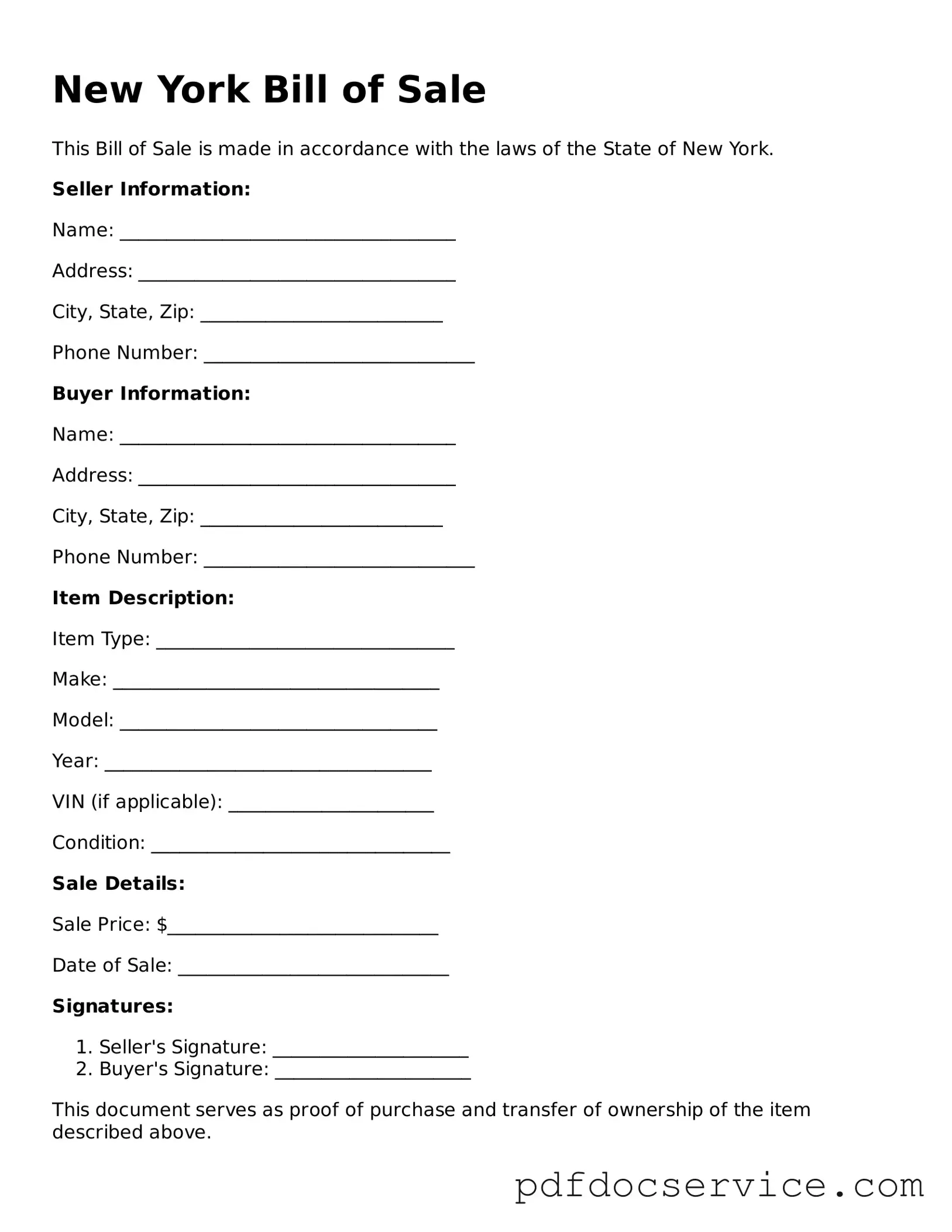 Printable  Bill of Sale Template for New York