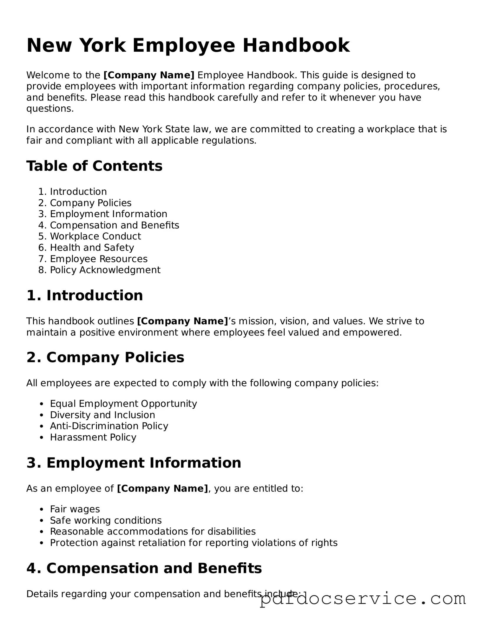 Printable  Employee Handbook Template for New York