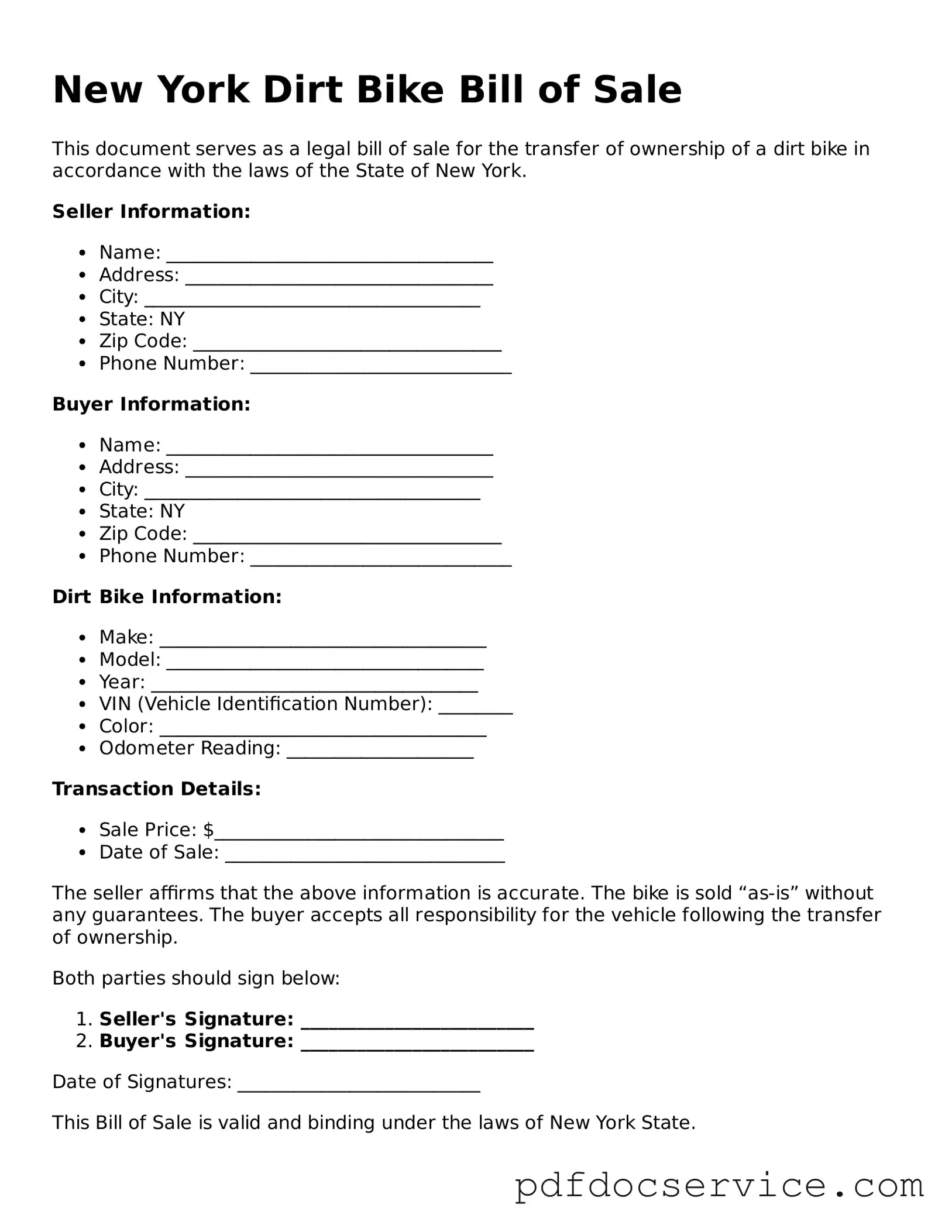Printable  Dirt Bike Bill of Sale Template for New York