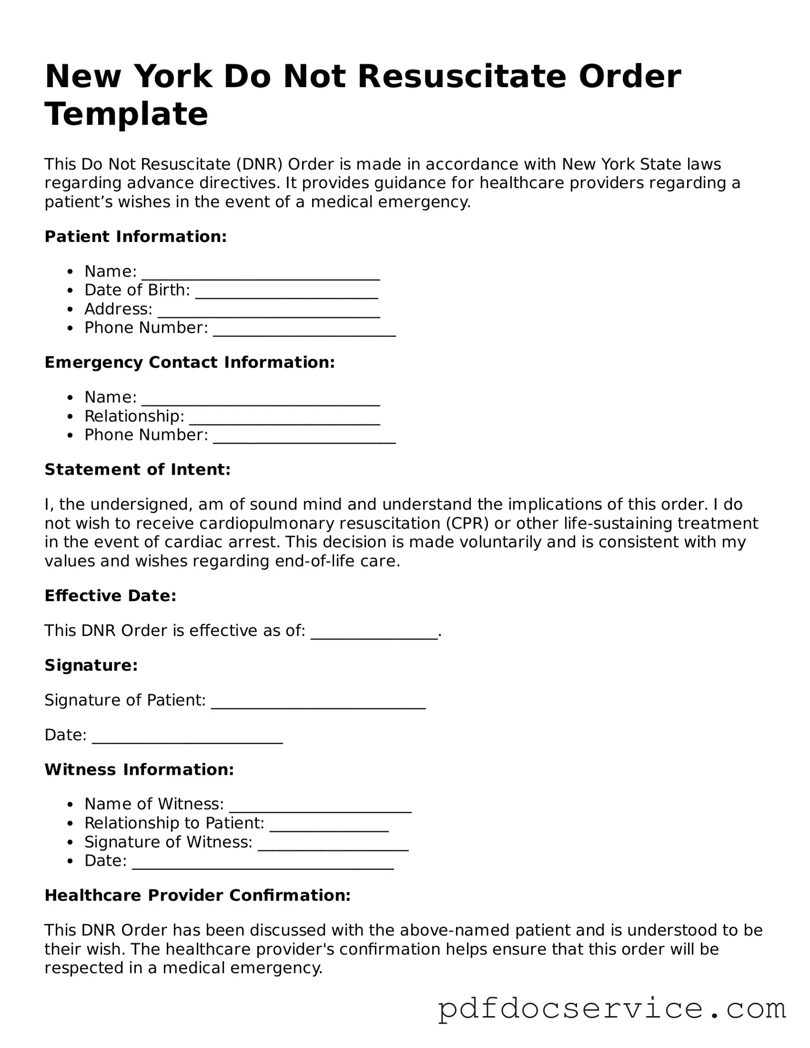 Printable  Do Not Resuscitate Order Template for New York