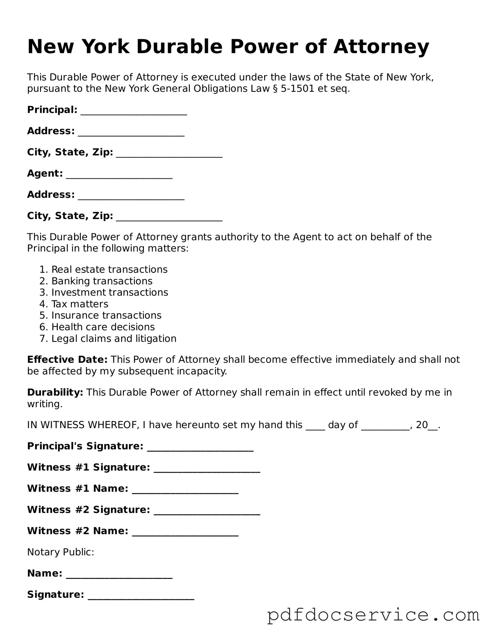 Printable  Durable Power of Attorney Template for New York