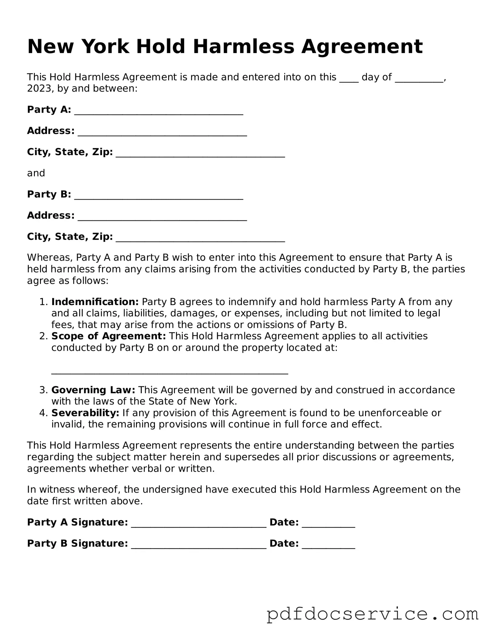 Printable  Hold Harmless Agreement Template for New York