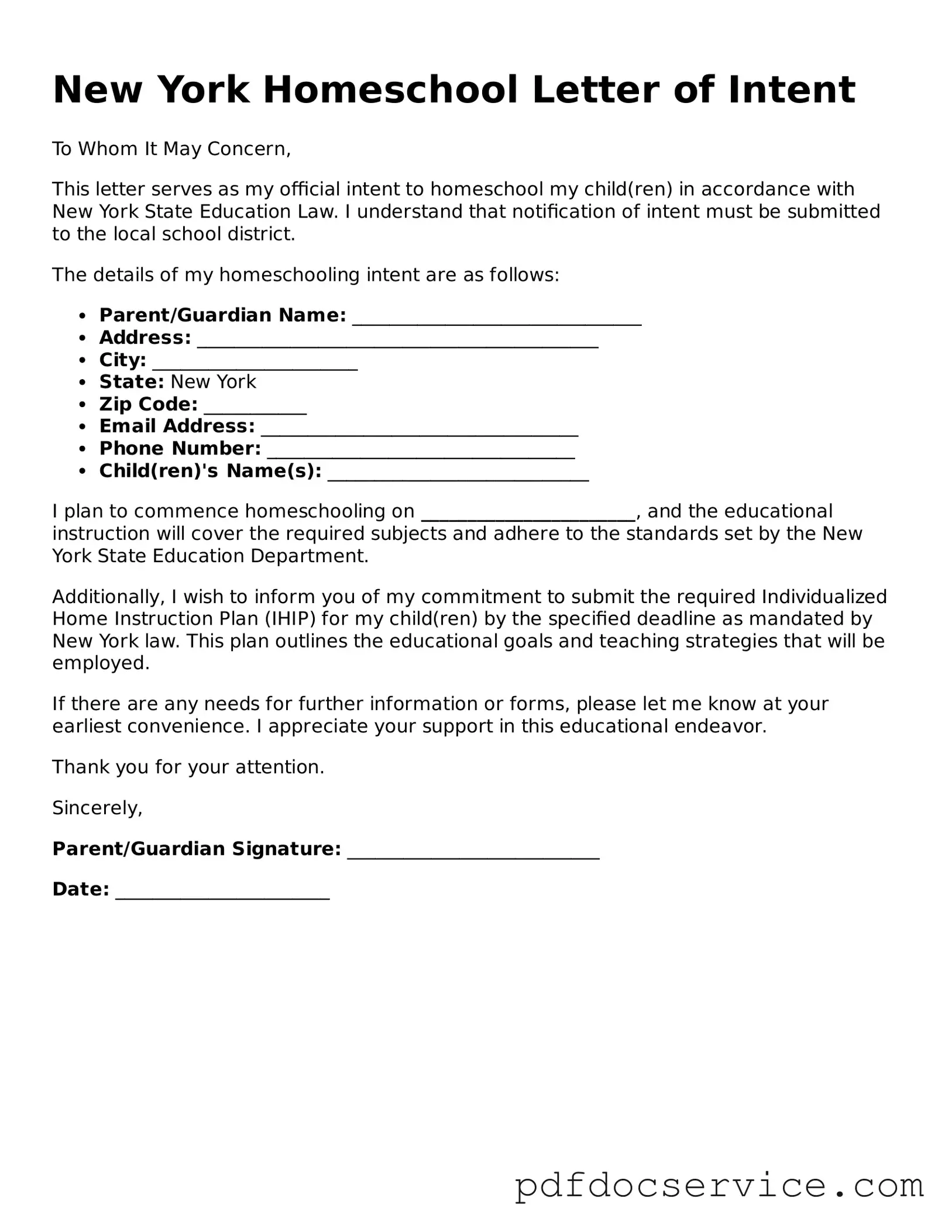 Printable  Homeschool Letter of Intent Template for New York