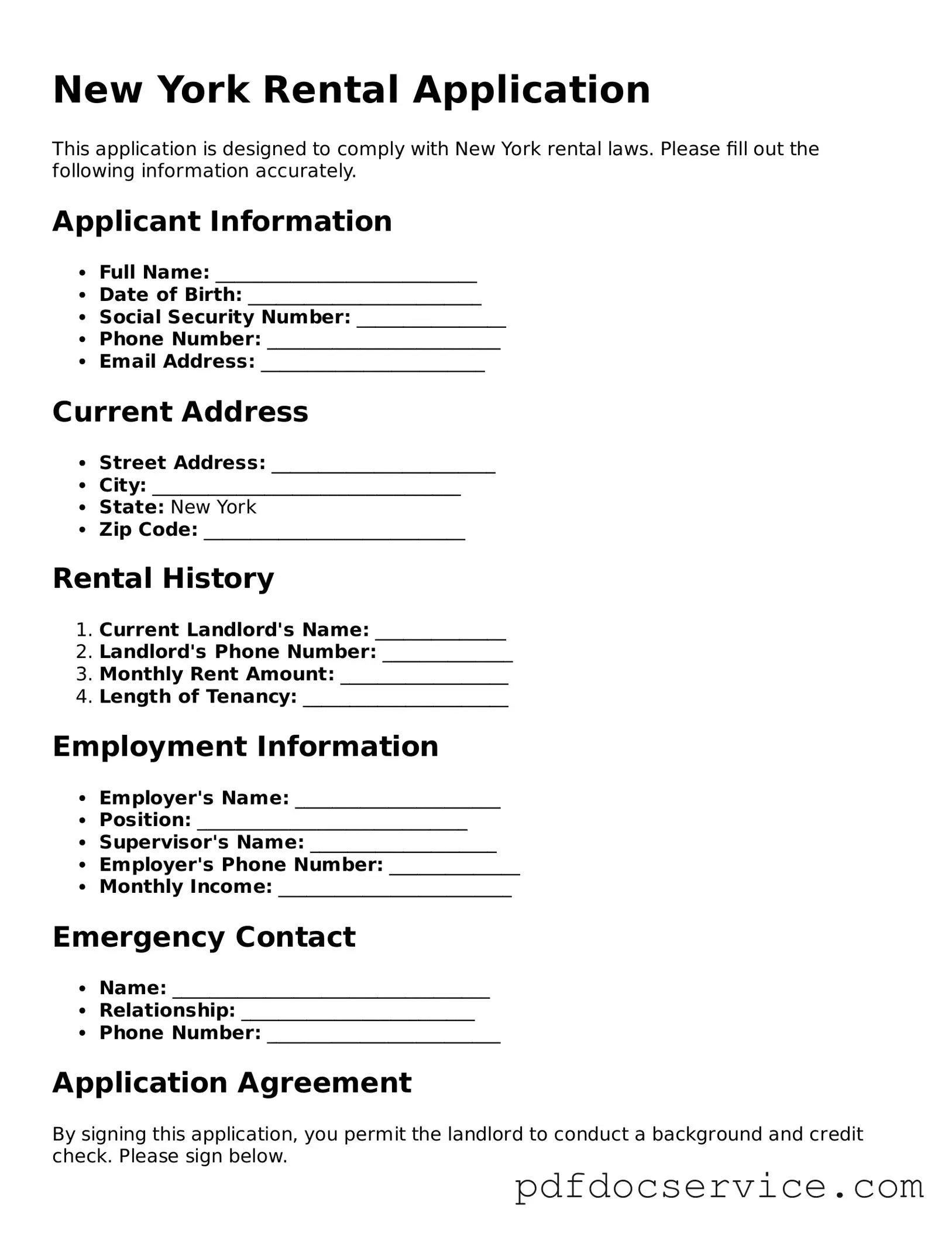 Printable  Rental Application Template for New York