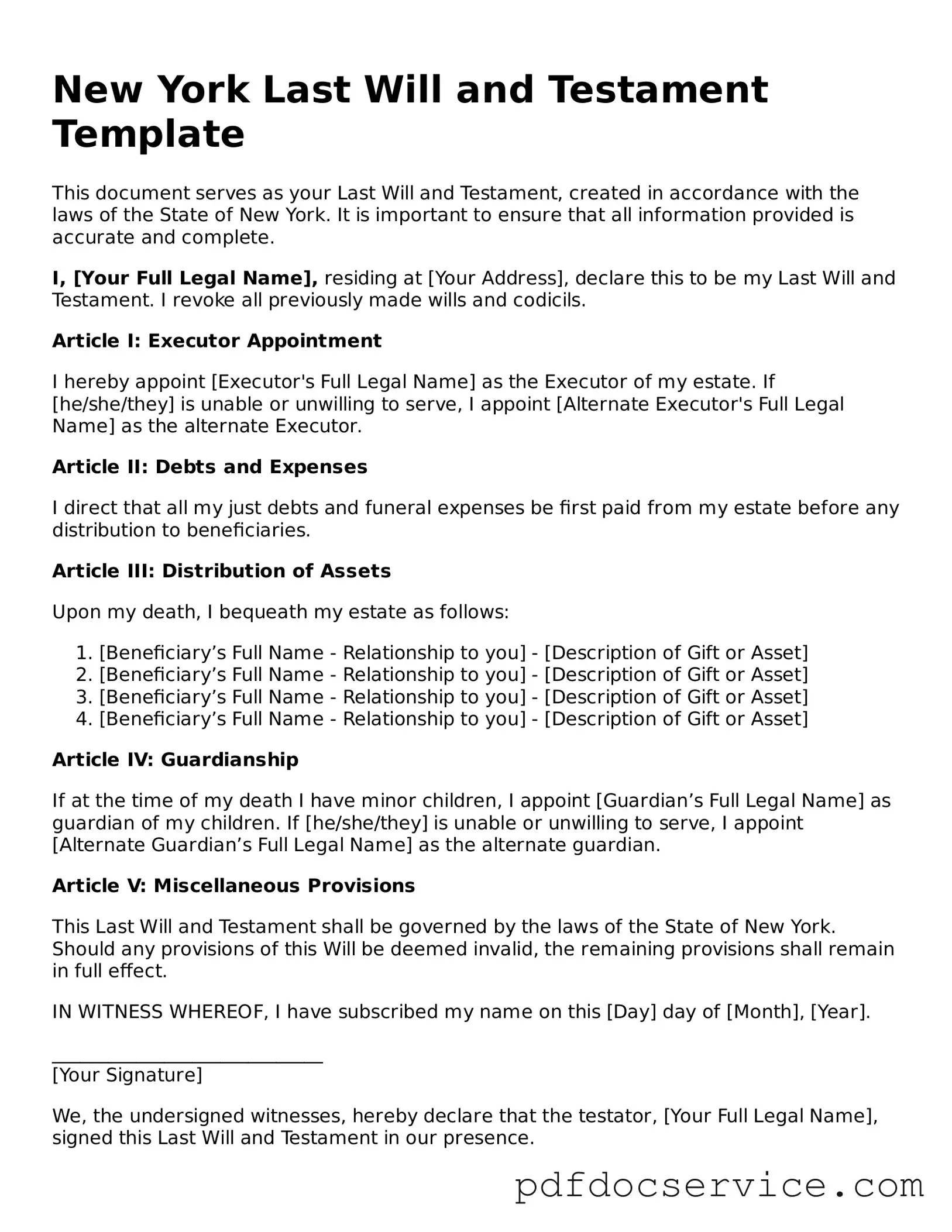 Printable  Last Will and Testament Template for New York