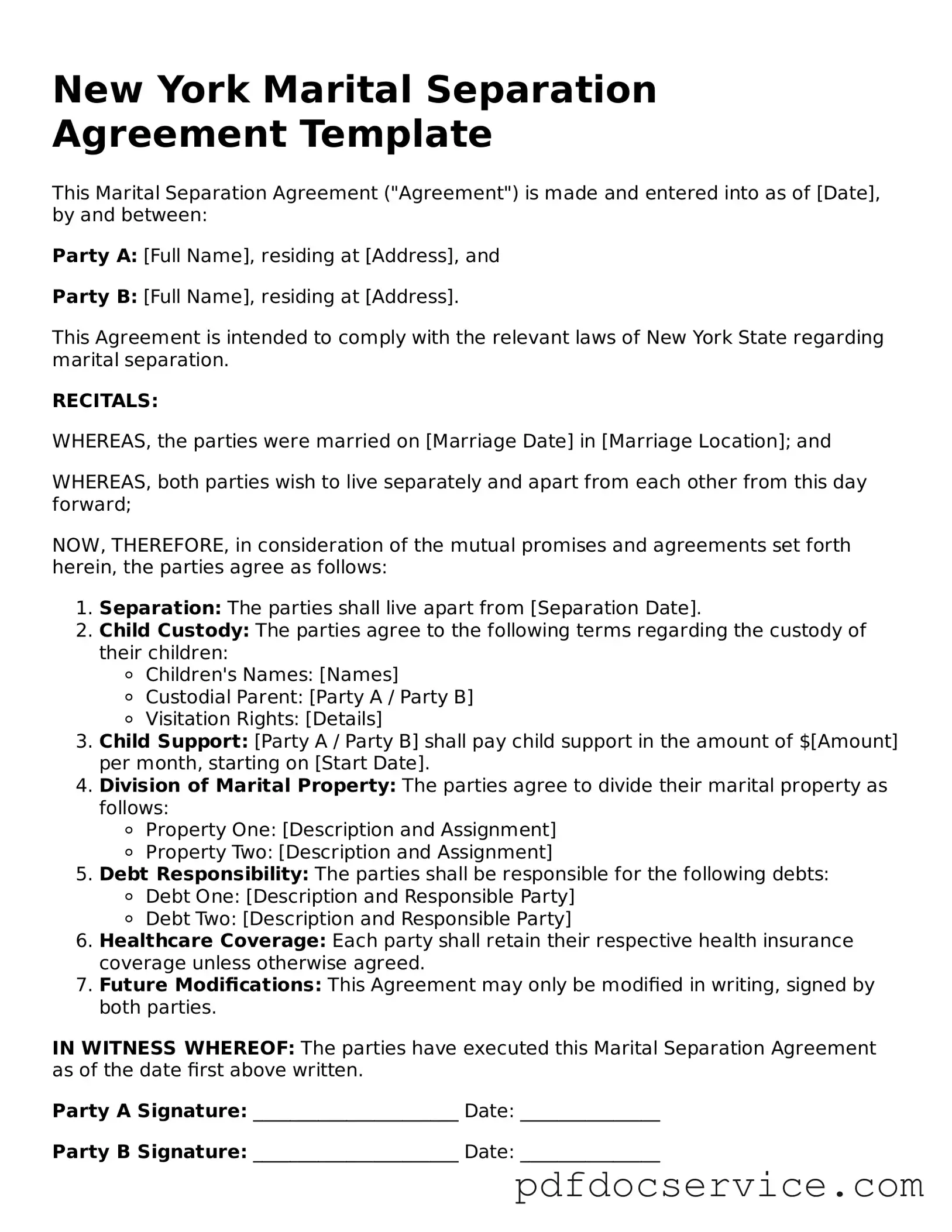 Printable  Marital Separation Agreement Template for New York