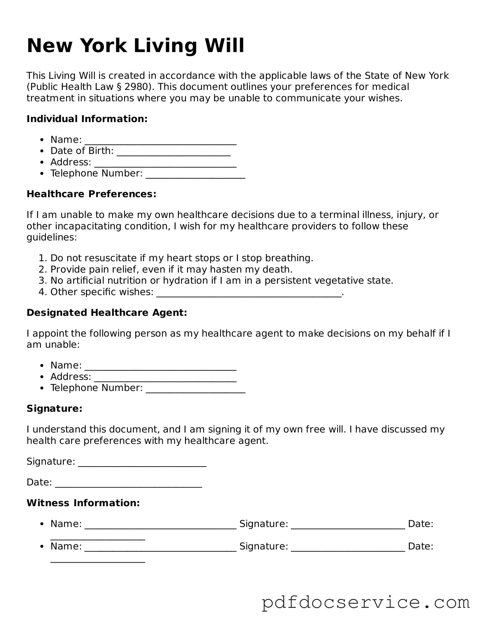 Printable  Living Will Template for New York
