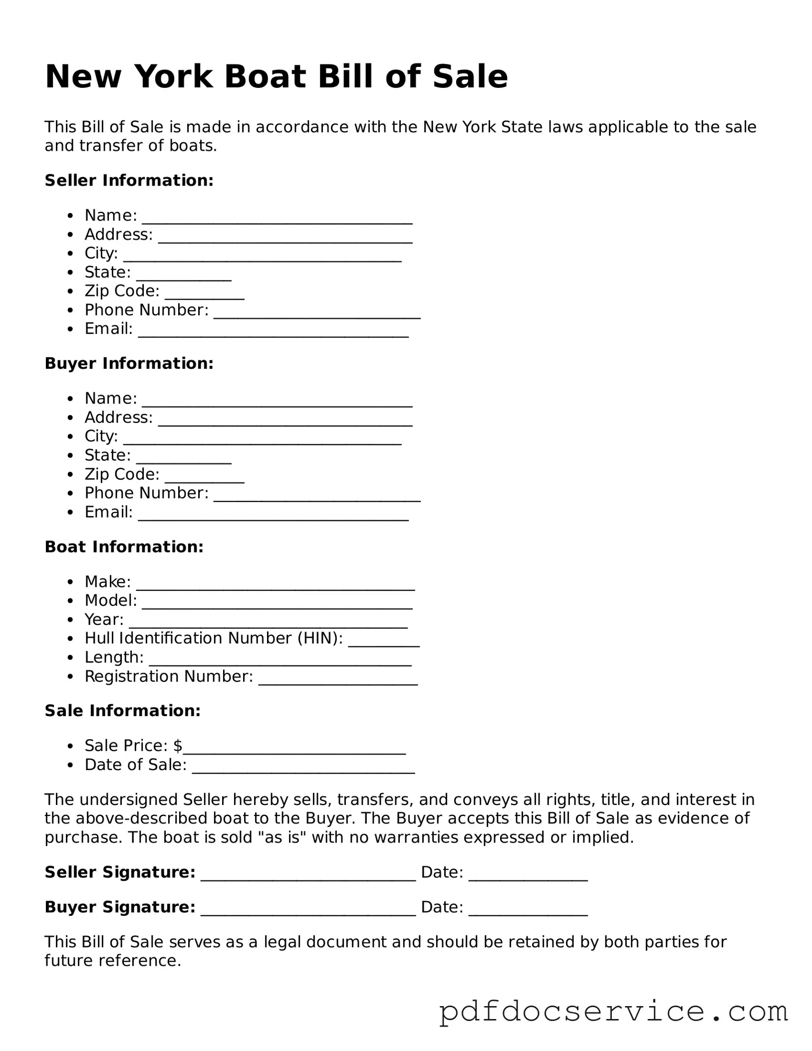Printable  Boat Bill of Sale Template for New York