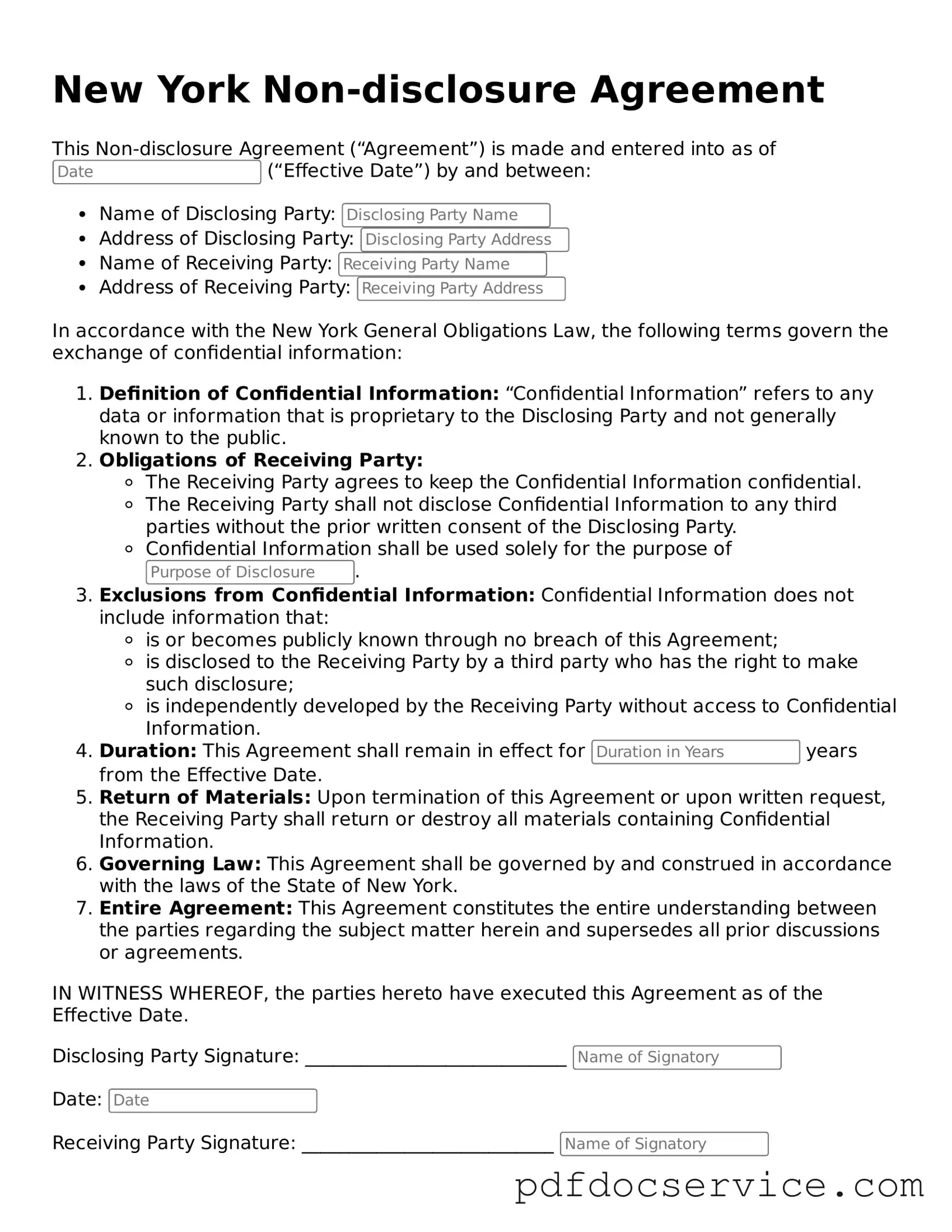 Printable  Non-disclosure Agreement Template for New York
