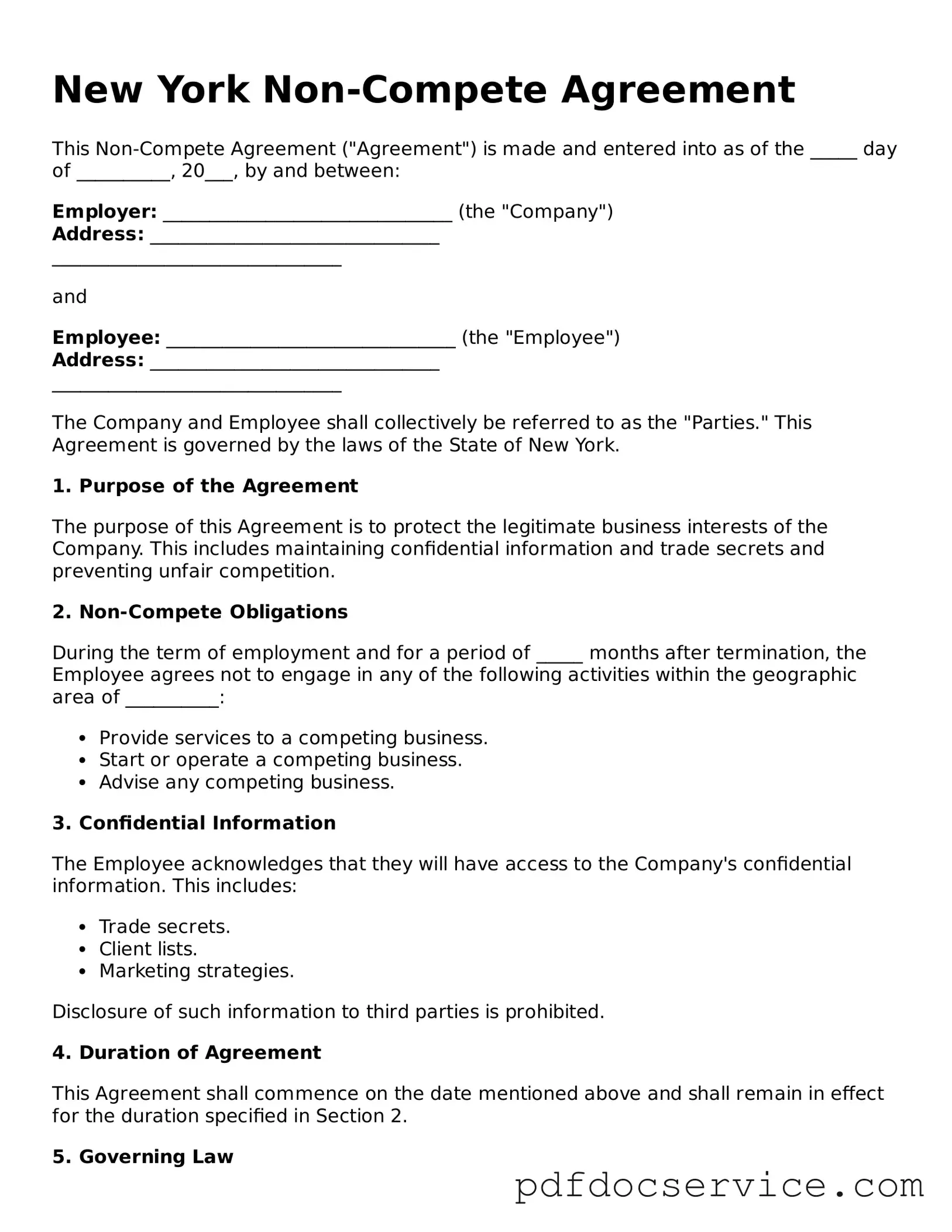 Printable  Non-compete Agreement Template for New York