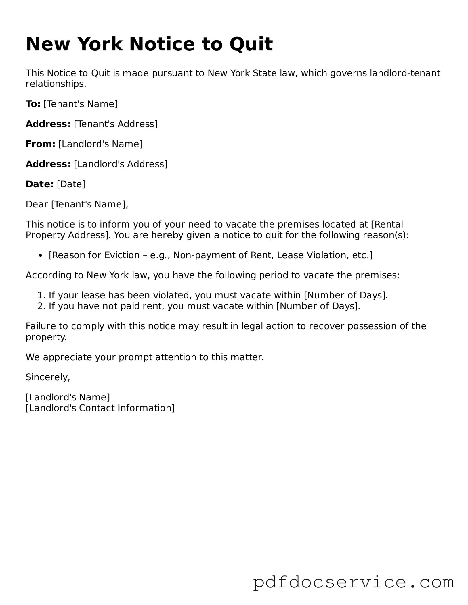 Printable  Notice to Quit Template for New York