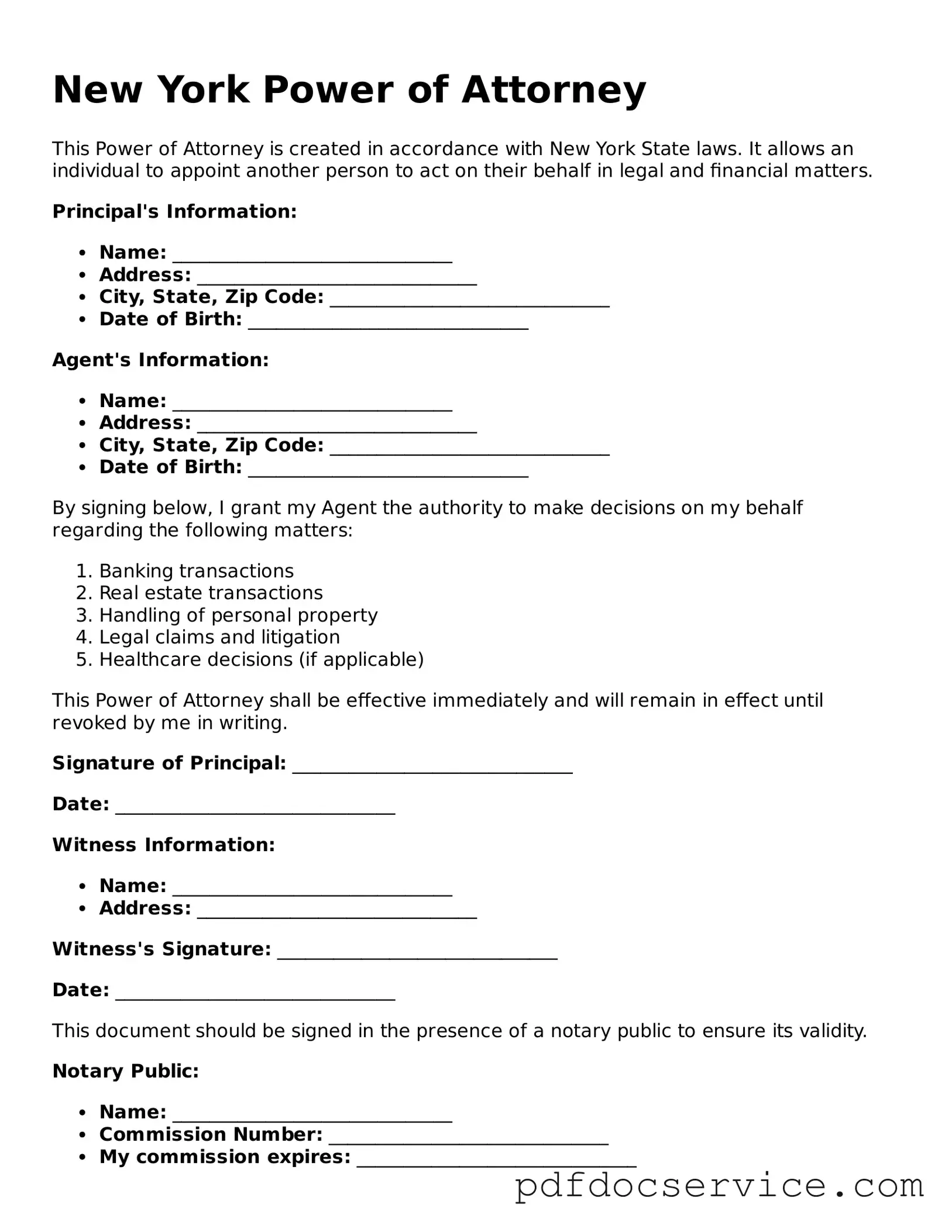 Printable  Power of Attorney Template for New York