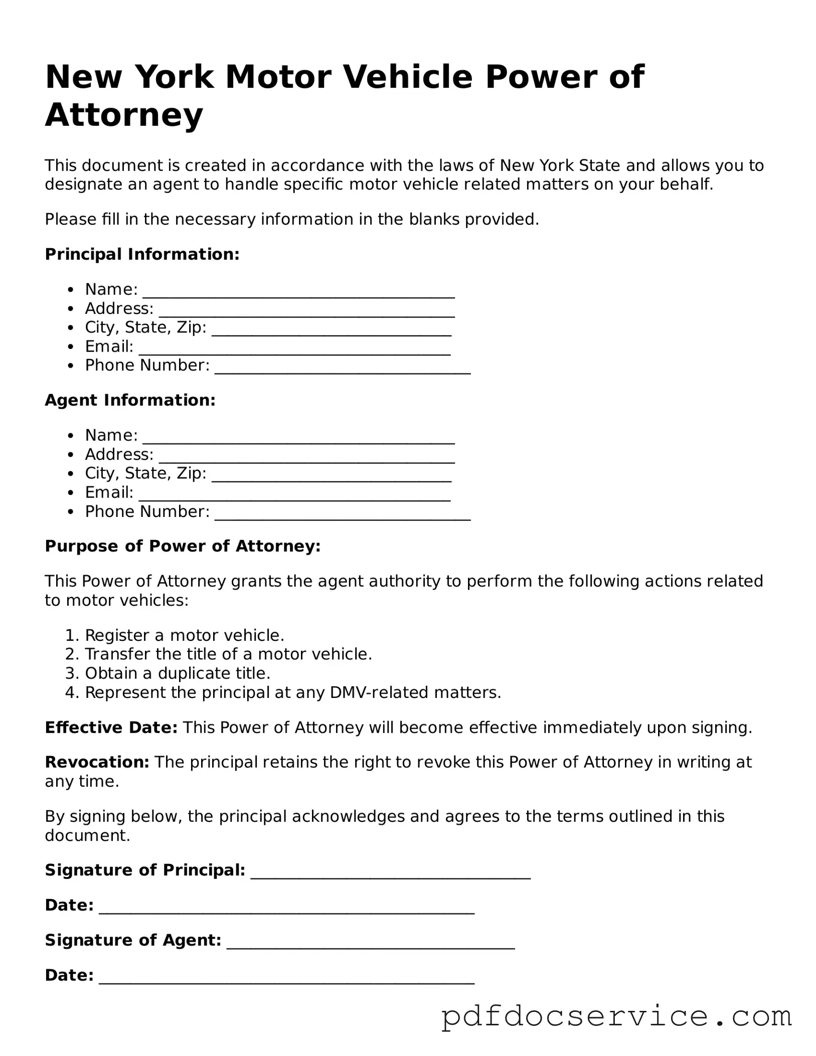 Printable  Motor Vehicle Power of Attorney Template for New York
