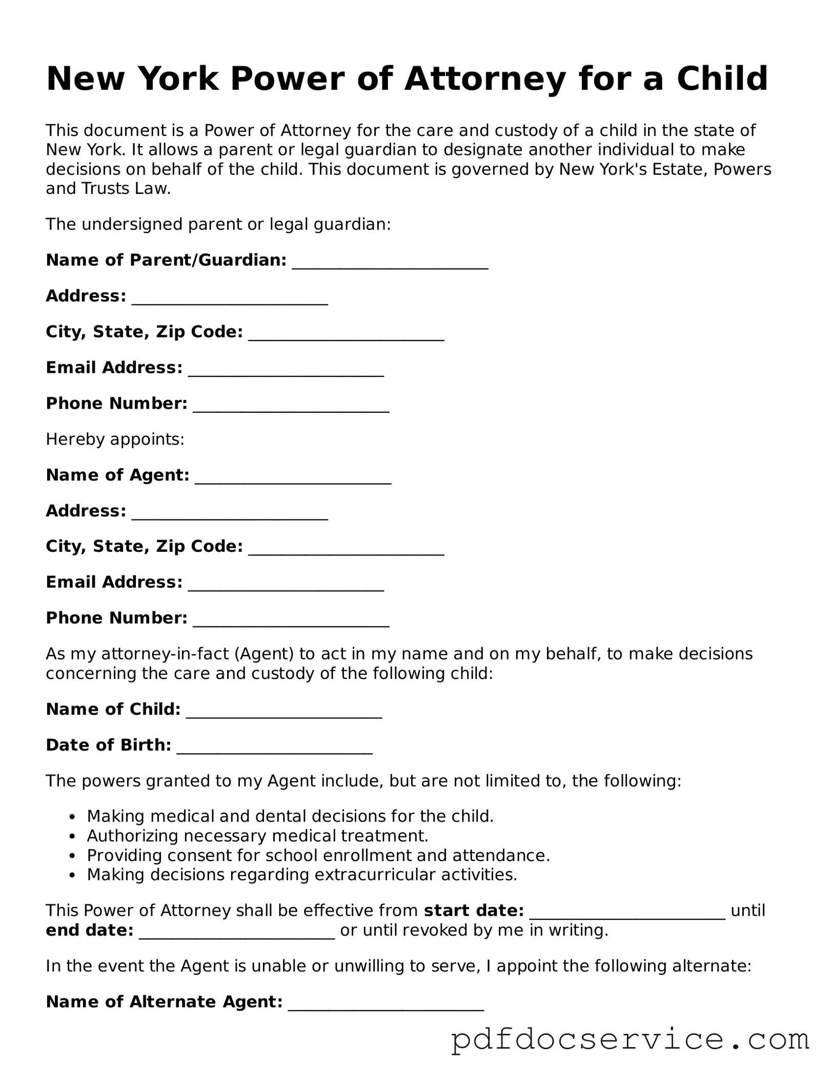 Printable  Power of Attorney for a Child Template for New York