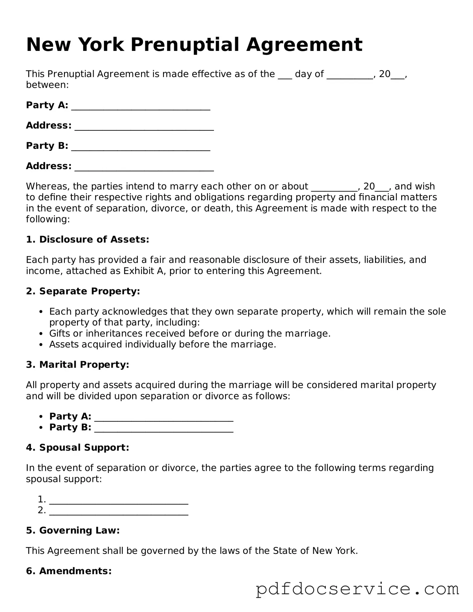 Printable  Prenuptial Agreement Template for New York