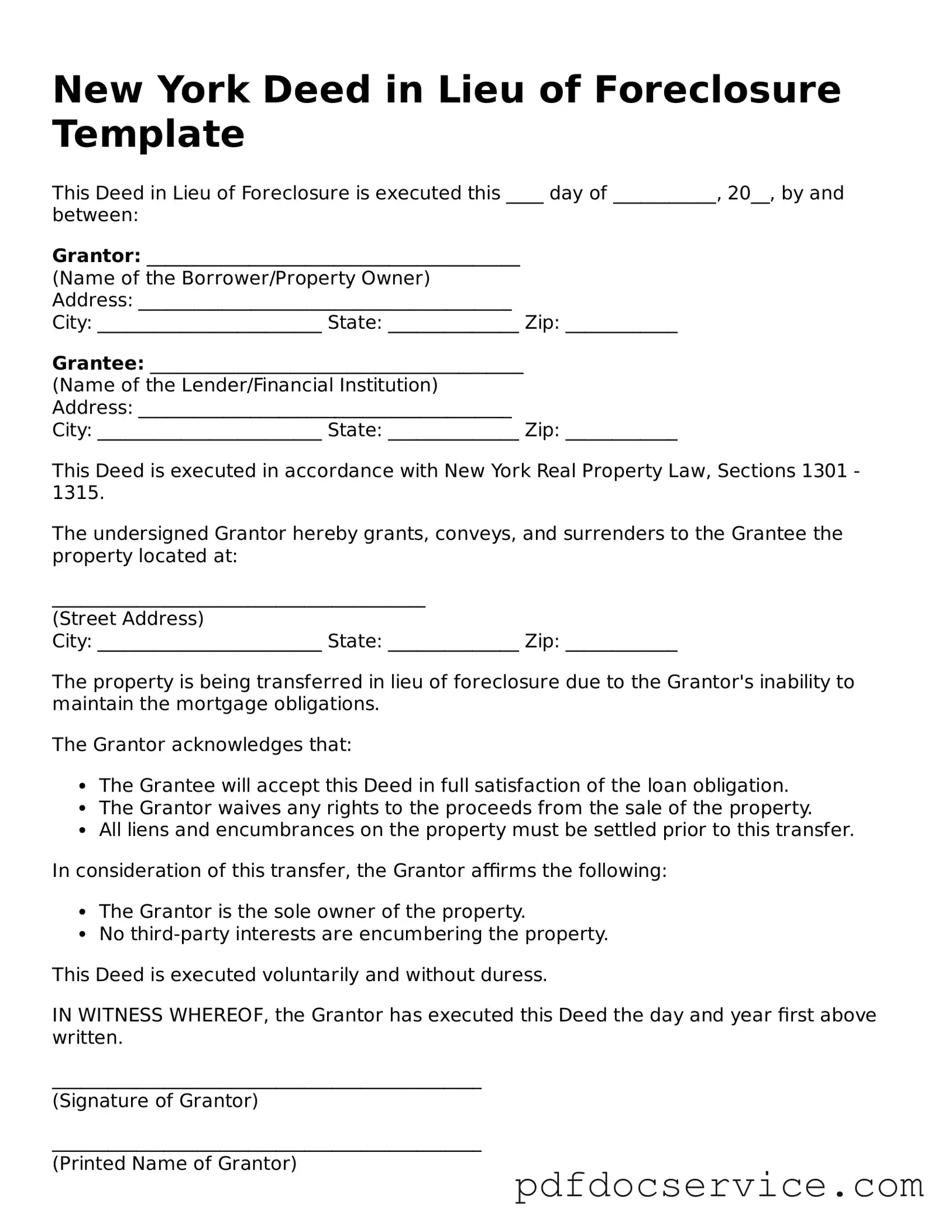 Printable  Deed in Lieu of Foreclosure Template for New York
