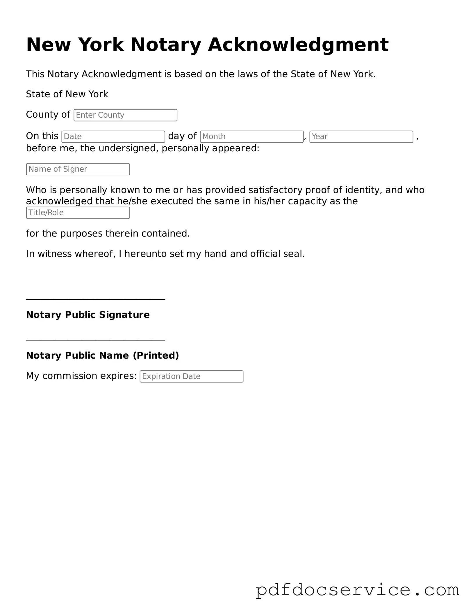 Printable  Notary Acknowledgement Template for New York