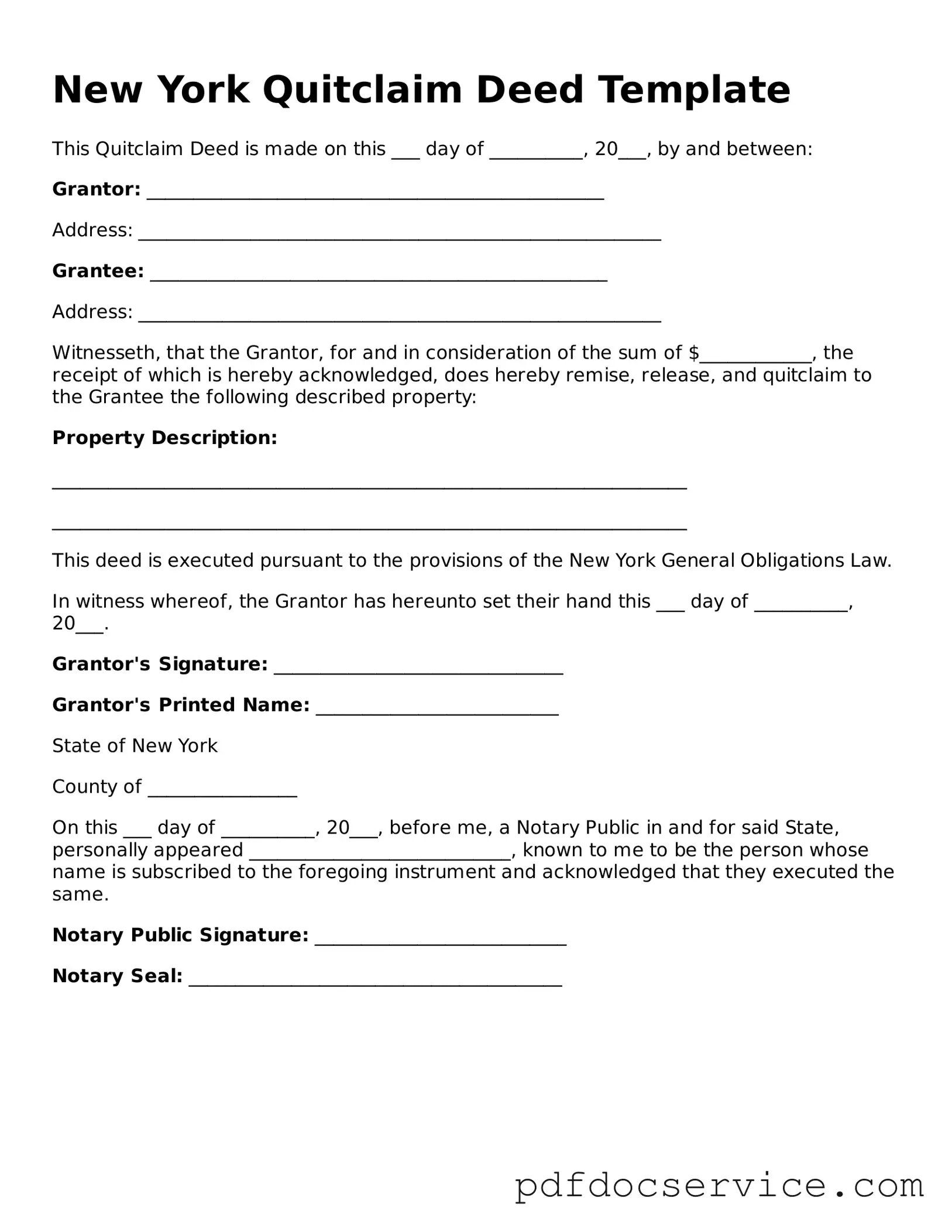 Printable  Quitclaim Deed Template for New York