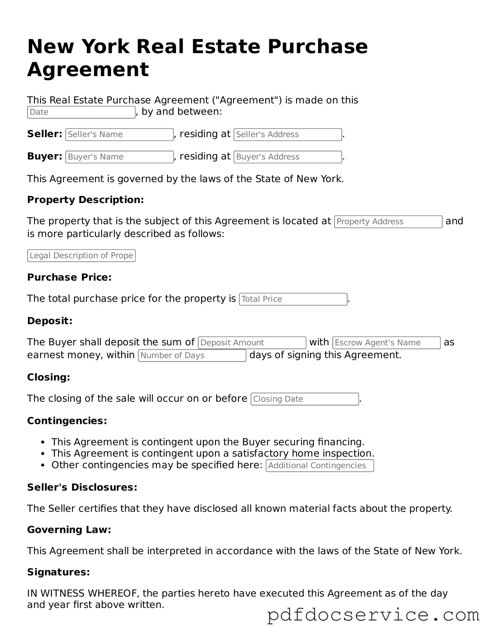 Printable  Real Estate Purchase Agreement Template for New York