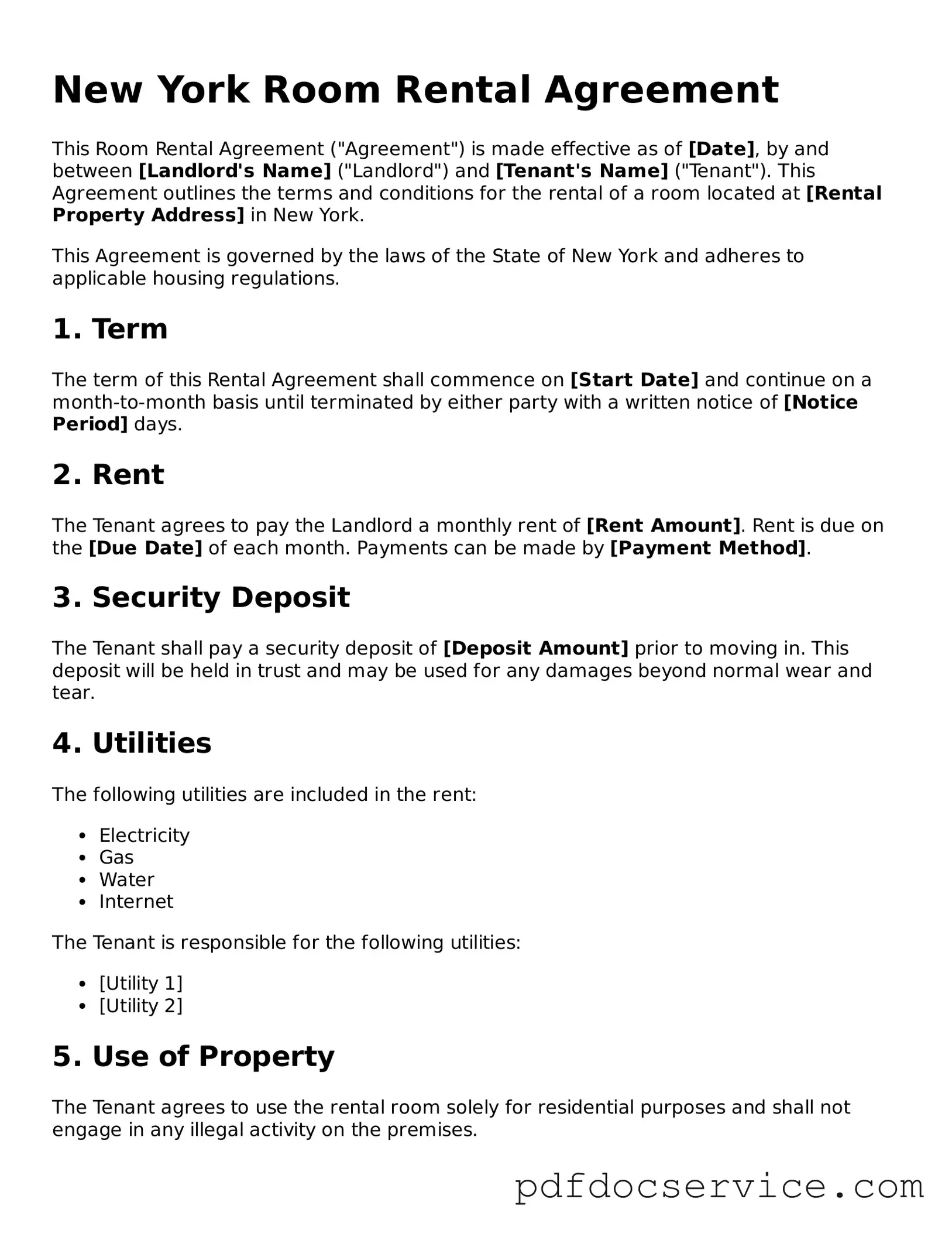 Printable  Room Rental Agreement Template for New York